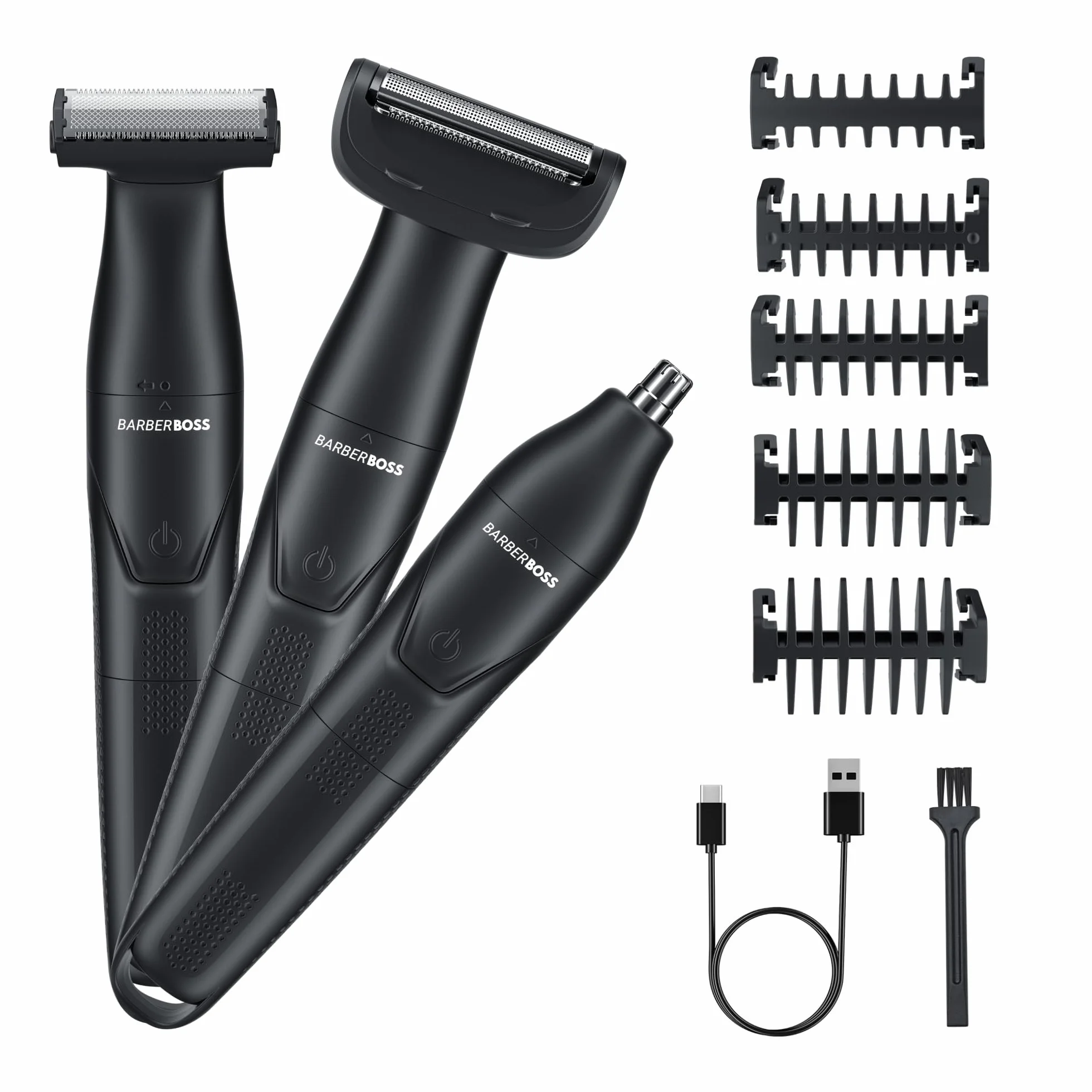 BarberBoss Set per la toelettatura dei dettagli, 3 in 1, per uomo, barba, parrucchiere, body groomer, trimmer naso e orecchie, rasoio senza fili con ricarica USB (Nero)