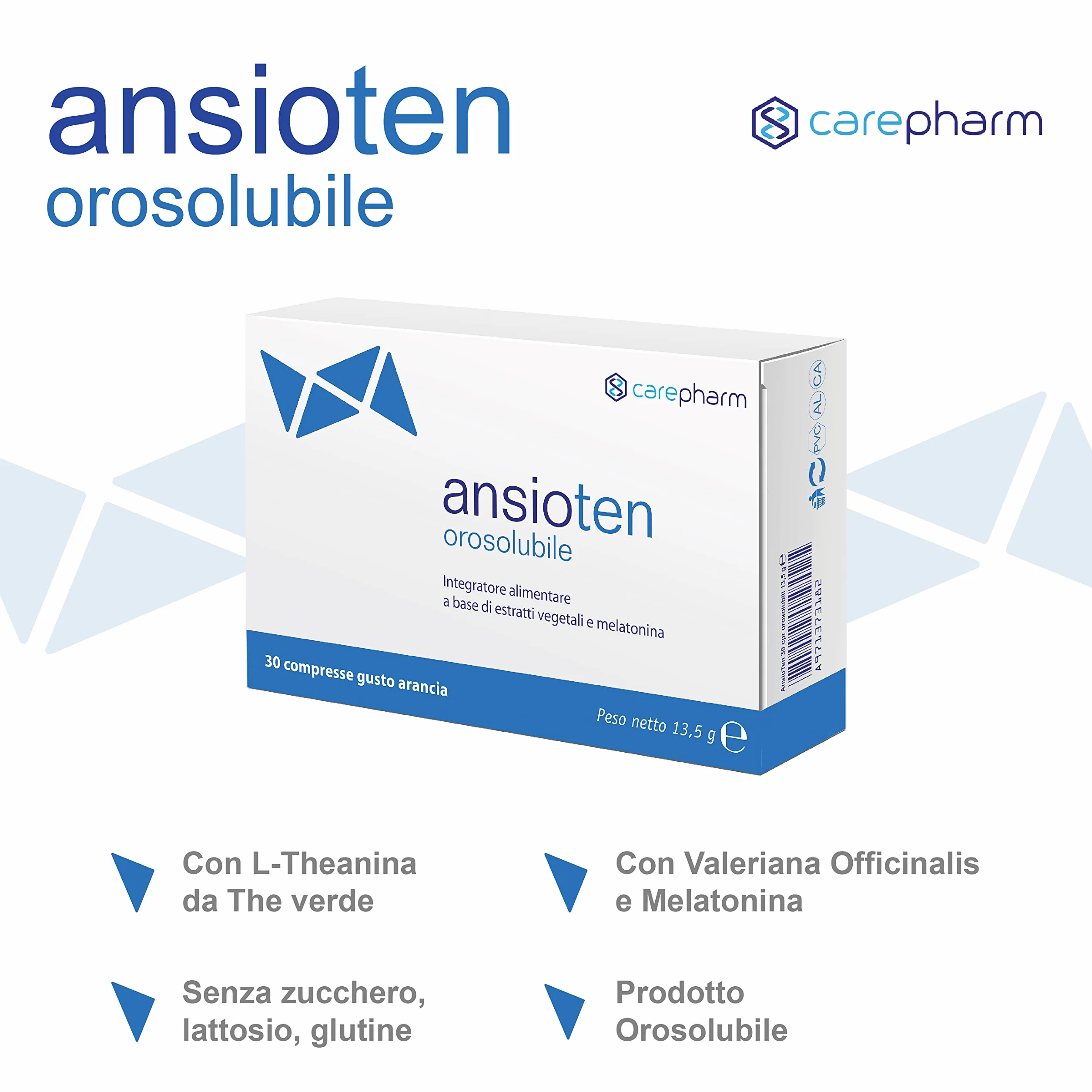 Ansioten Orosolubile 30 Compresse Integratore Alimentare Estratti Vegetali Gusto Arancia Rilassamento Stress Senza Zuccheri 30 g