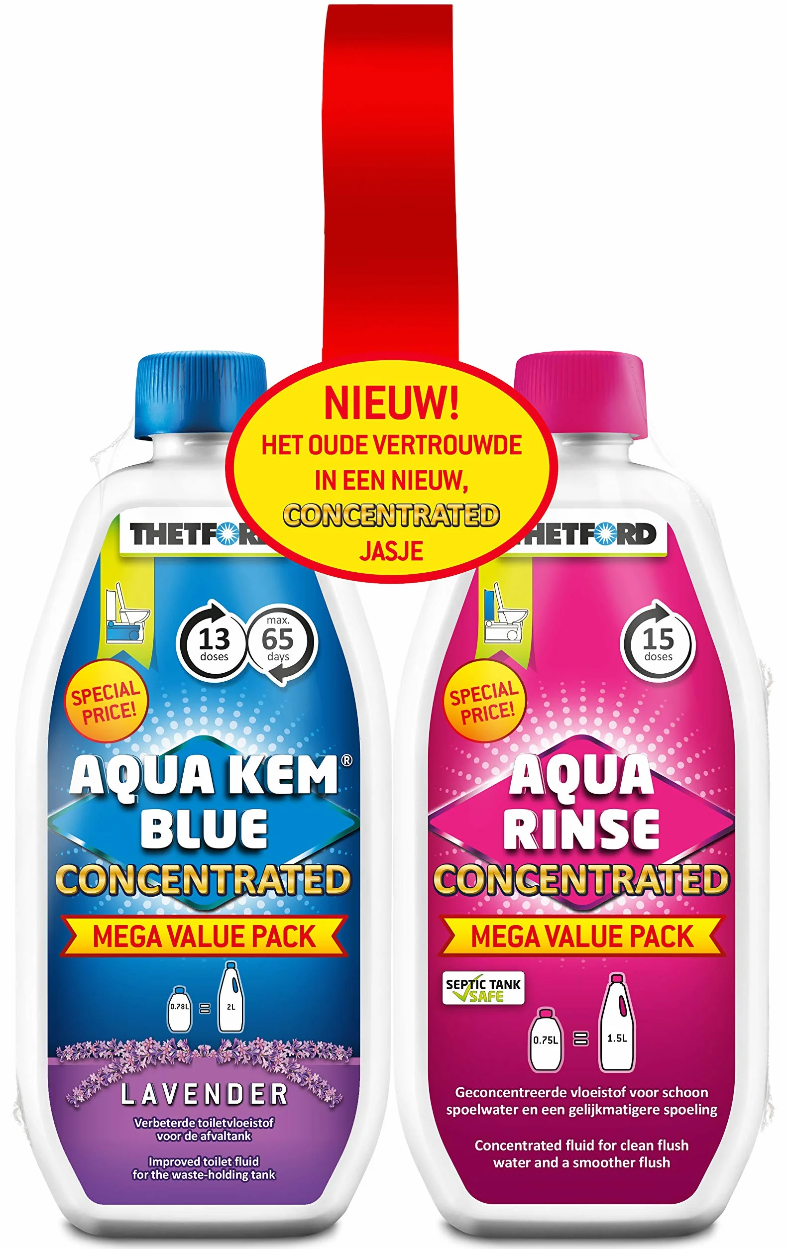 Thetford 30459CO - Liquido per WC e risciacquo concentrato, confezione doppia, colore: Blu e Rosa, 1,53 litri