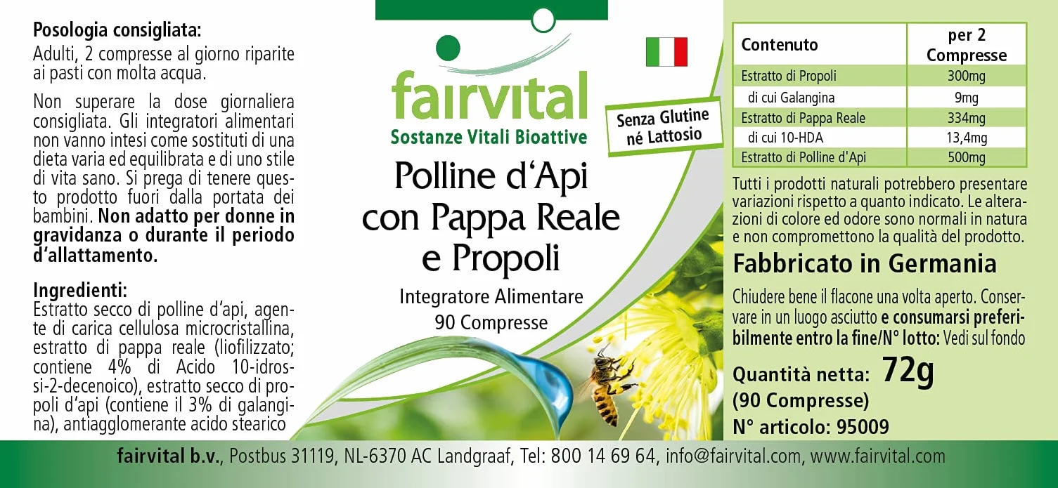 Fairvital Pollen d'api con pappa reale e propoli, 90 compresse, Alto Dosaggio