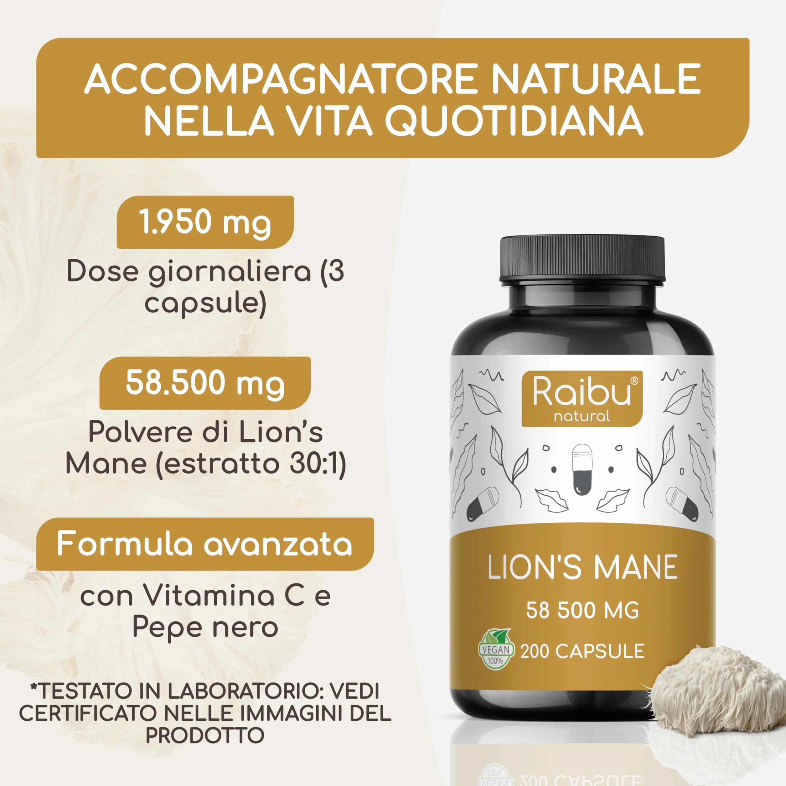 Lions Mane 58.500 mg (Estratto 30:1) Capsule - Per il Cervello, il Benessere e l’Umore - Hericium Erinaceus, Vitamina C e Pepe Nero - 30% Polisaccaridi, 5% Beta-Glucani - Raibu