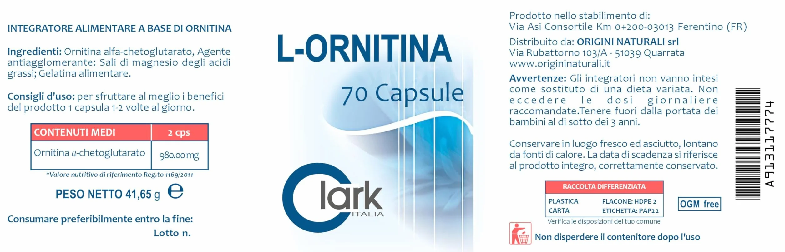 L Ornitina Integratore Alimentare 70 capsule 595 mg