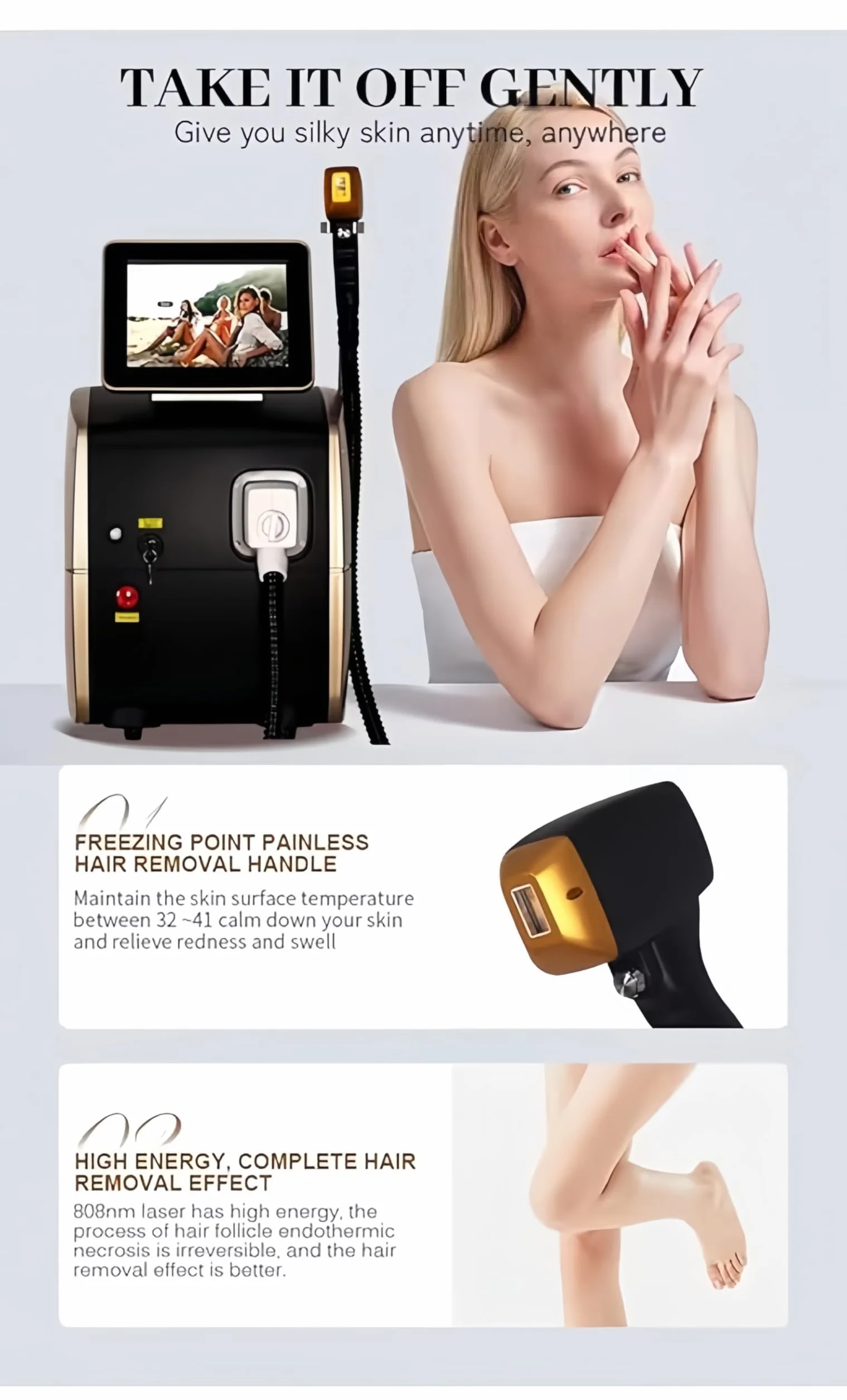 Diodo Laser 755nm 808nm 940nm 1064nm Multi Lunghezze d'onda Remozione del corpo del viso dell'epilatore del laser indolore della testa di raffreddamento della macchina di depilazione