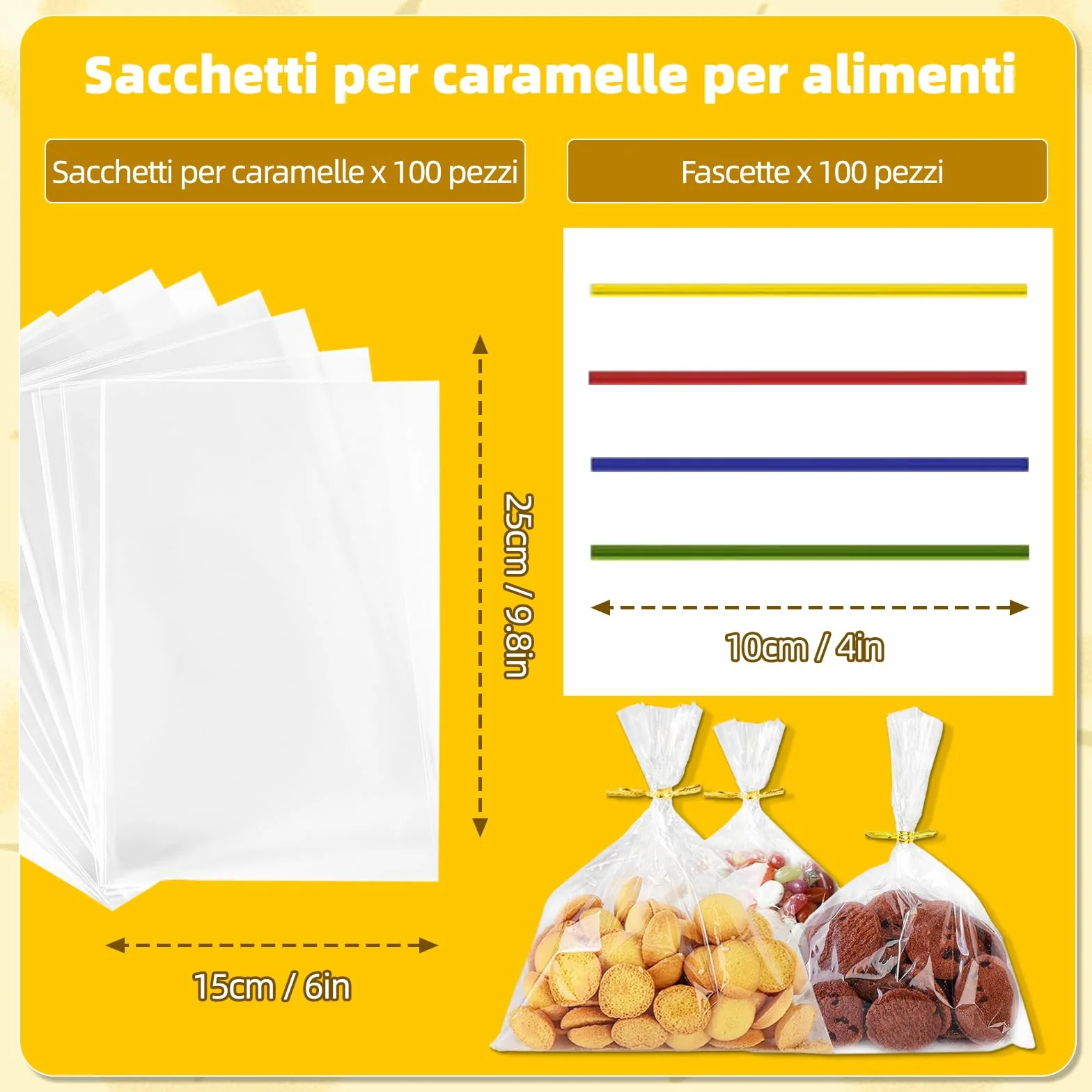 100 Pezzi Sacchetti Trasparenti per Confezioni 25x15cm, Bustine Cellophane per Pane Fresco Caramelle, Biscotti, Frutta, Gioielli con 100 Bande Metalliche per Feste Matrimonio Compleanno Bambini Regalo