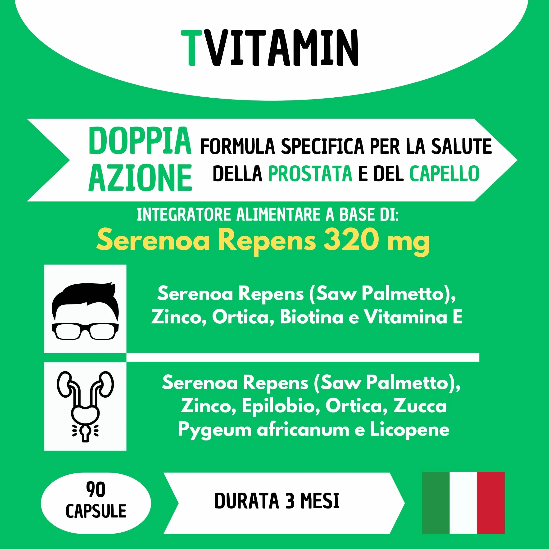 SERENOA REPENS Saw Palmetto 320MG 90 Capsule Integratore Prostata e Capelli Uomo anti DHT con Licopene, Pygeum Africanum, Zucca, Ortica, Zinco, Biotina e Vitamina E