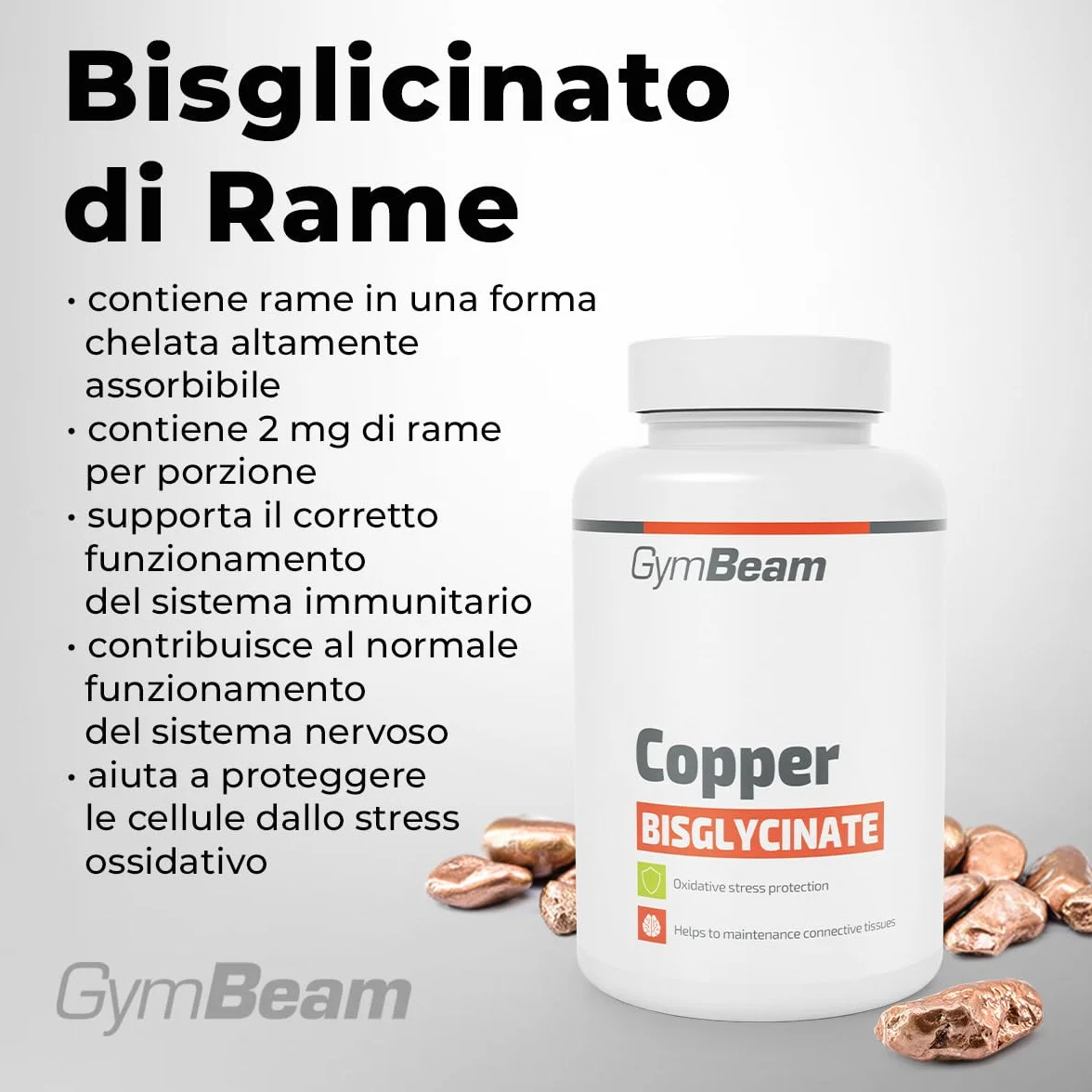 GymBeam Integratore di Rame - Bisglicinato di Rame ad alta assorbibilità, 1mg per Porzione, Sostiene Sistema Immunitario e Nervoso 120 Capsule