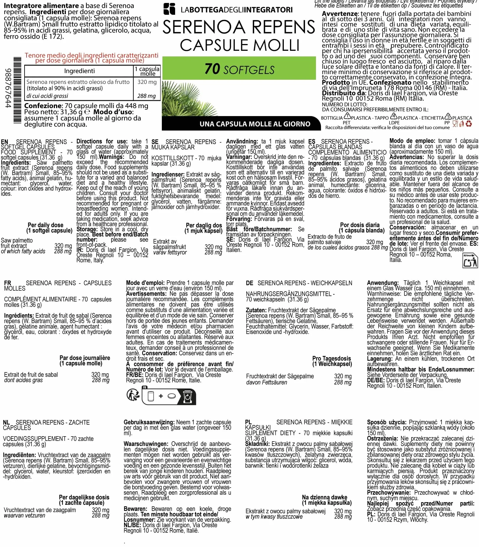 SERENOA REPENS 320 MG TITOLATO AL 90% 70 SOFTGELS CAPSULE MOLLI PER PROSTATA E VIE URINARIE LA BOTTEGA DEGLI INTEGRATORI