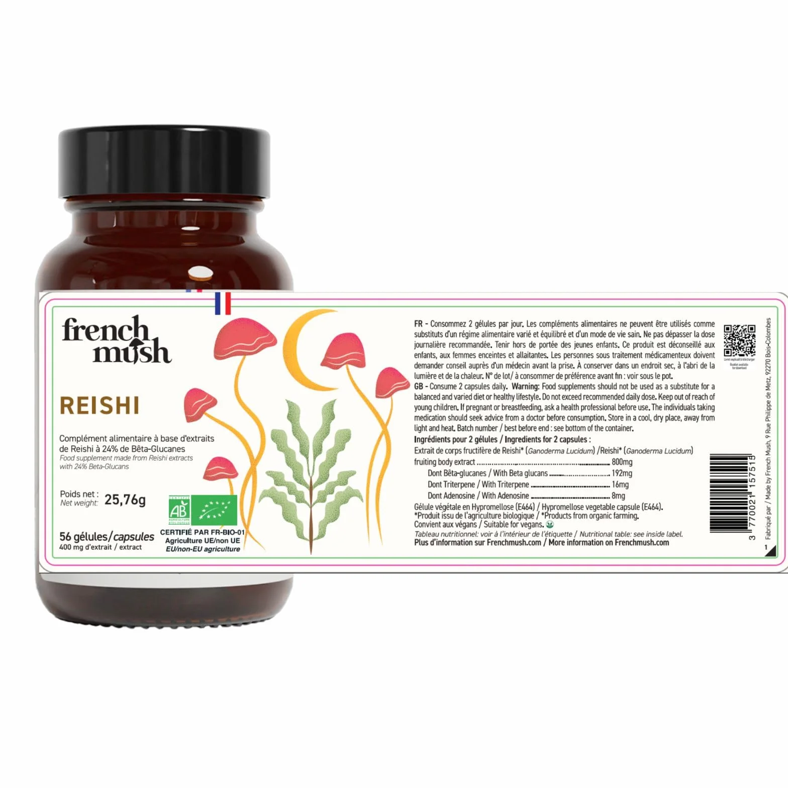 French Mush Reishi Bio 8000mg - 56 Capsule Vegane - 30% Polisaccaridi 92% Biodisponibilità - Effetto Rilassante, Sonno, Umore - Estratto di Reishi Potente - Testato in Laboratorio