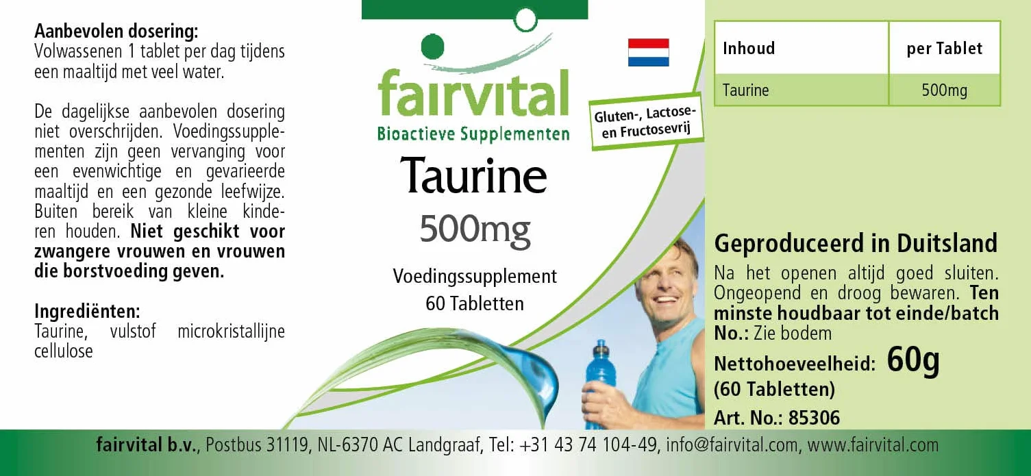 fairvital Taurina 500 mg, 60 compresse, ad alto dosaggio con 500 mg per compressa, VEGANO