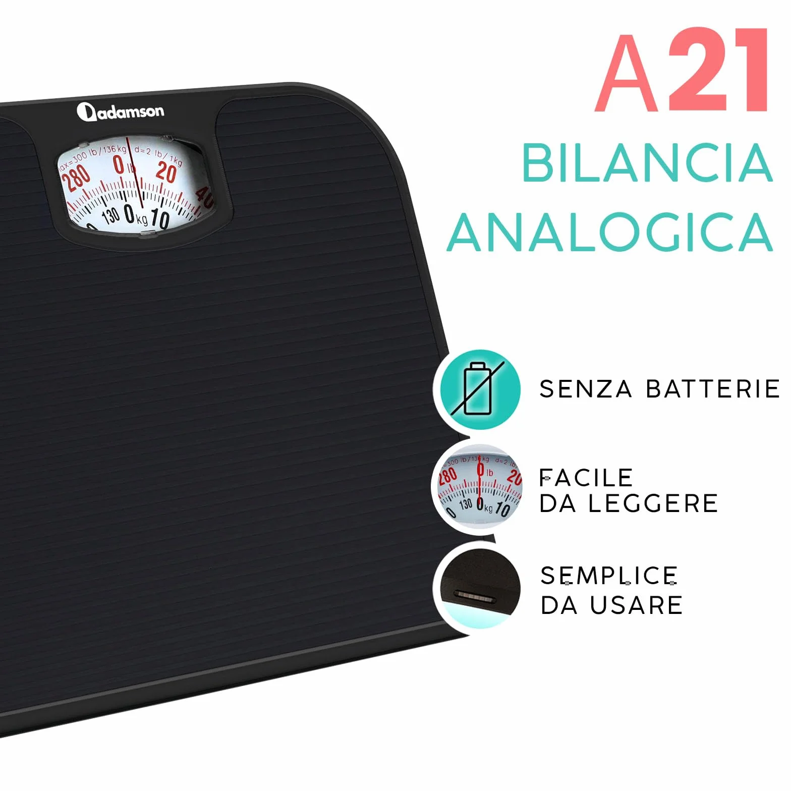 Adamson A21 Bilancia Pesapersone Meccanica - Fino a 136 KG - Superficie in Gomma Antiscivolo - Bilancia Pesapersone Analogica - Bilancia Analogica con 20 Anni DI Garanzia - Nero Completo