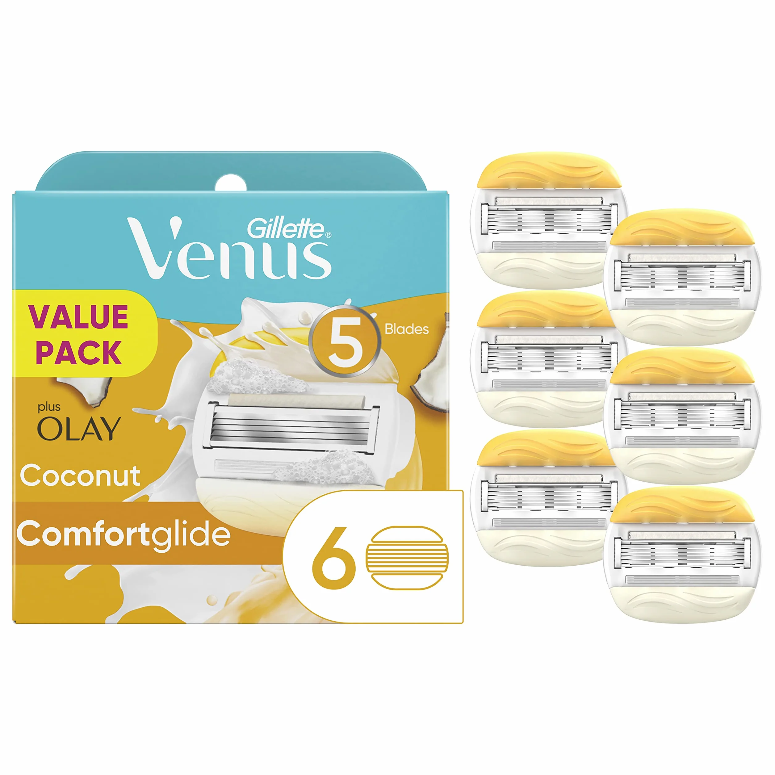 Gillette Venus ComfortGlide con Olay - Lamette di ricambio da donna, fragranza al cocco, confezione da 6 (l’imballaggio può variare)