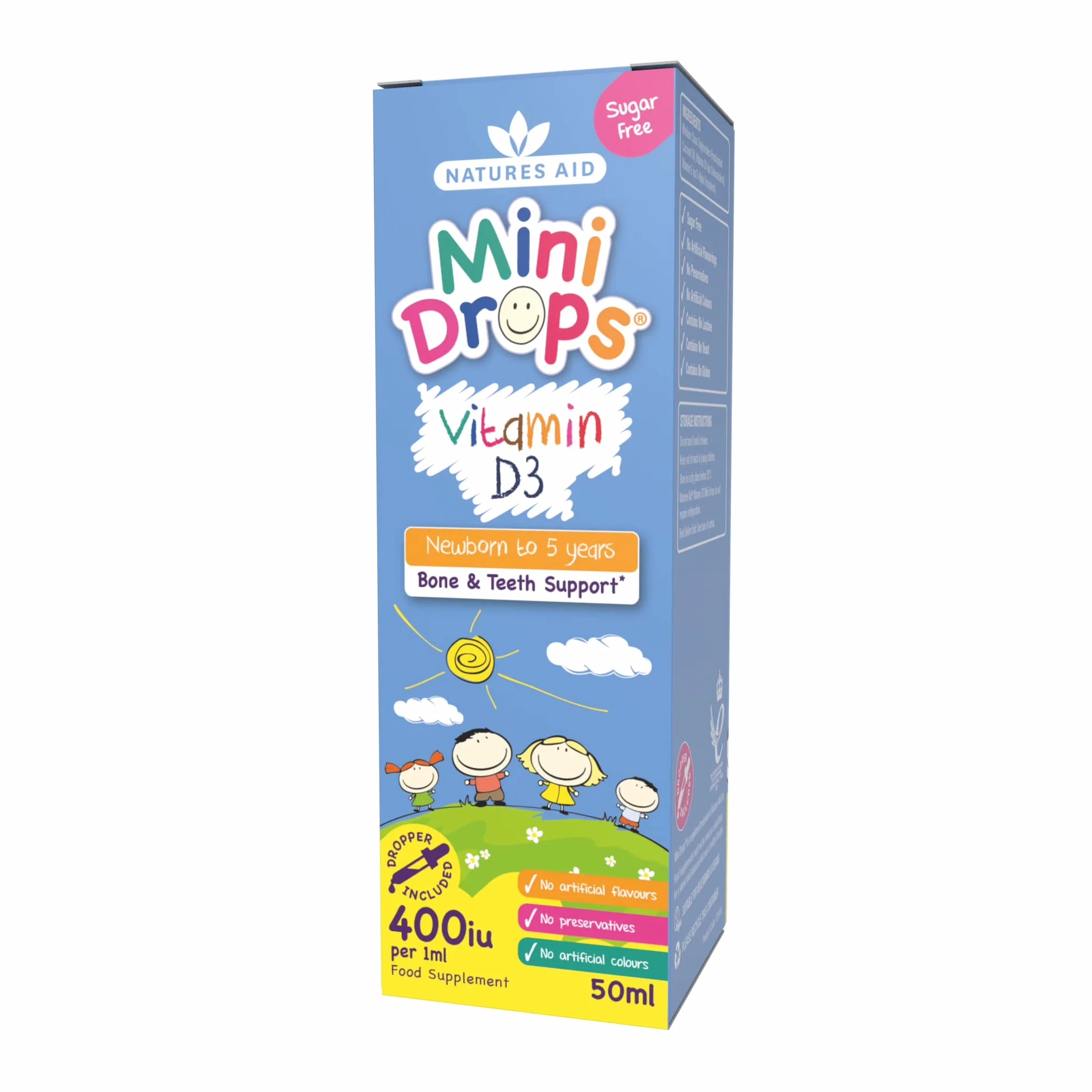 Natures Aid Mini Drops Vitamina D3 50ml per Neonati e Bambini, Supporto per Ossa, Denti e Sistema Immunitario, Senza Zucchero, Vegano, Senza Glutine, Sostegno alla Crescita per Bambini da 0 a 5 Anni