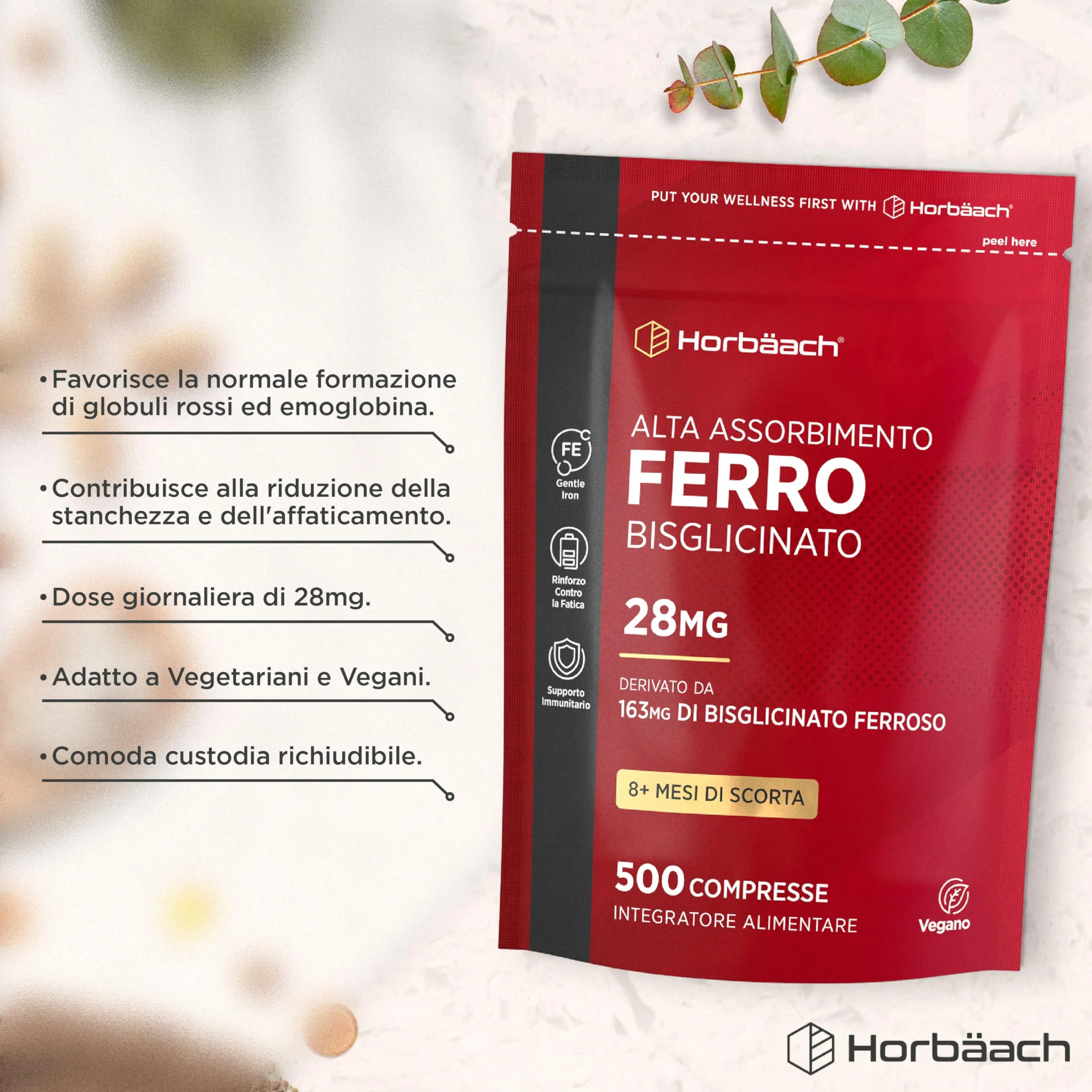 Ferro Integratore Forte 28 mg | 500 Compresse Vegane | Ferro Bisglicinato | Supporto Energetico | Gentle Iron Supplement | di Horbaach