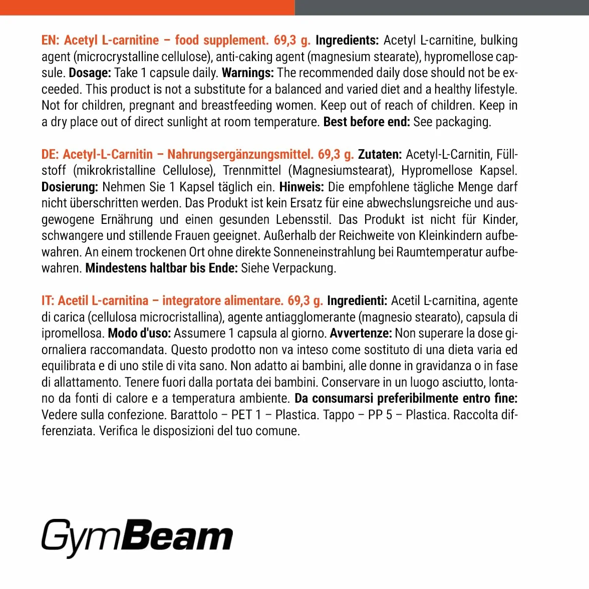 GymBeam Acetil L-Carnitina 500mg Bruciagrassi Capsule Vegane