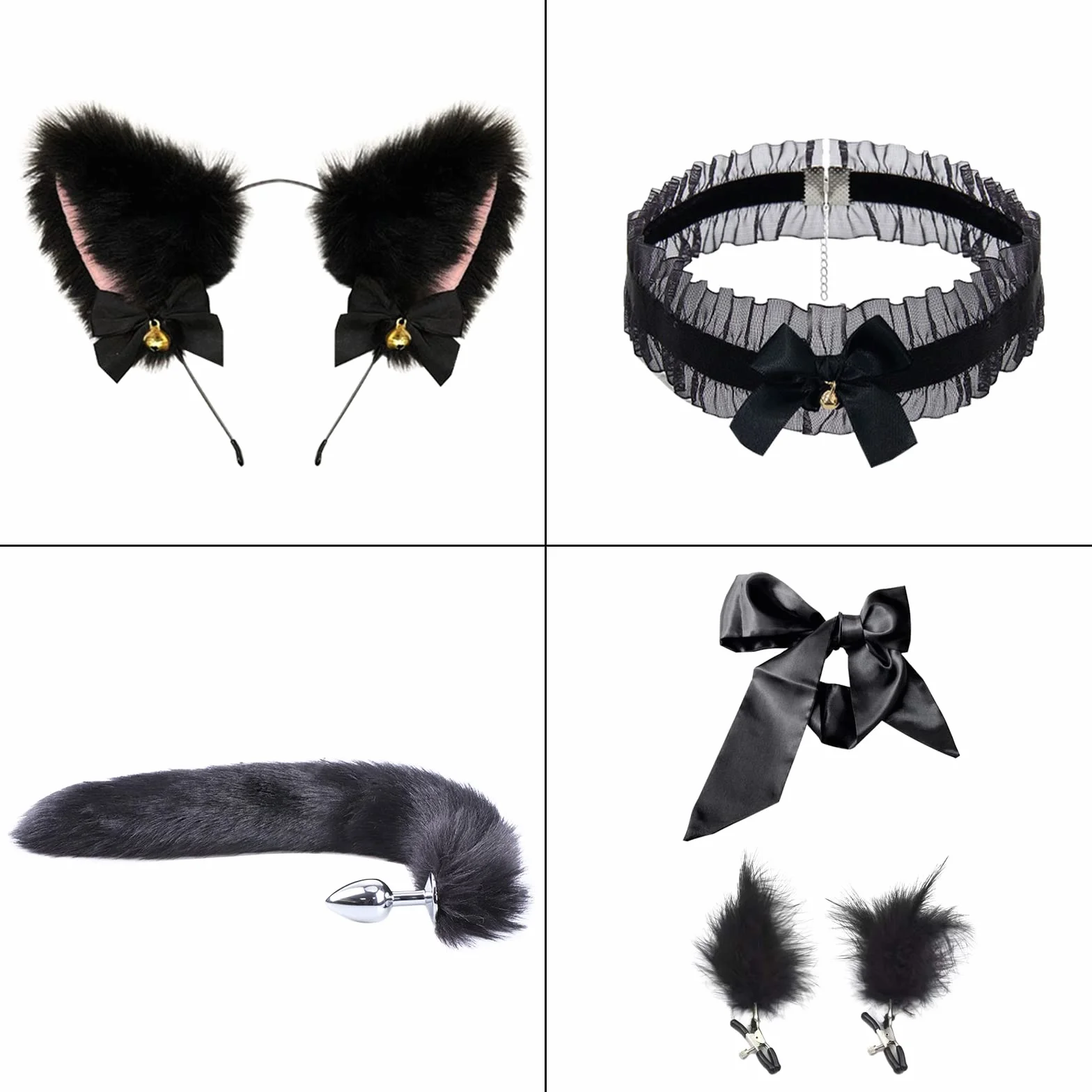 BDSMYOU BDSM Zestaw Akcesoriów Sex Toys z Coda di Volpe, Morsetti per Capezzoli, Collare, Orecchie di Gatto, Maschera (Nero)