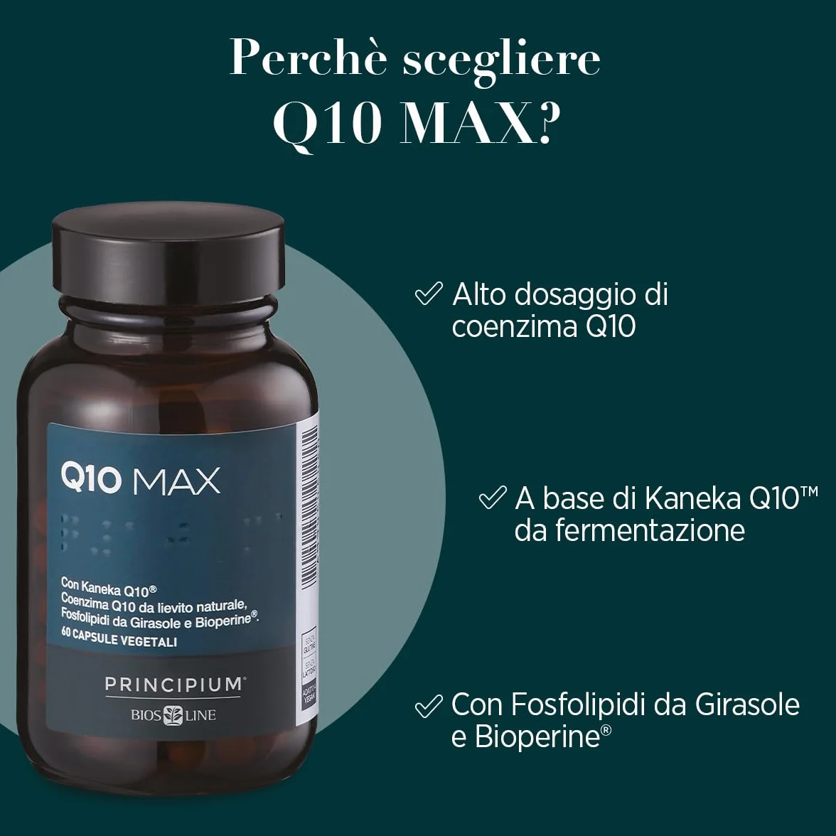 BIOS LINE Principium Q10 Max, Integratore alimentare ricco di Coenzima Q10, Integratore compresse per dare energia a cuore, fegato, cervello e muscoli, 60 capsule vegetali