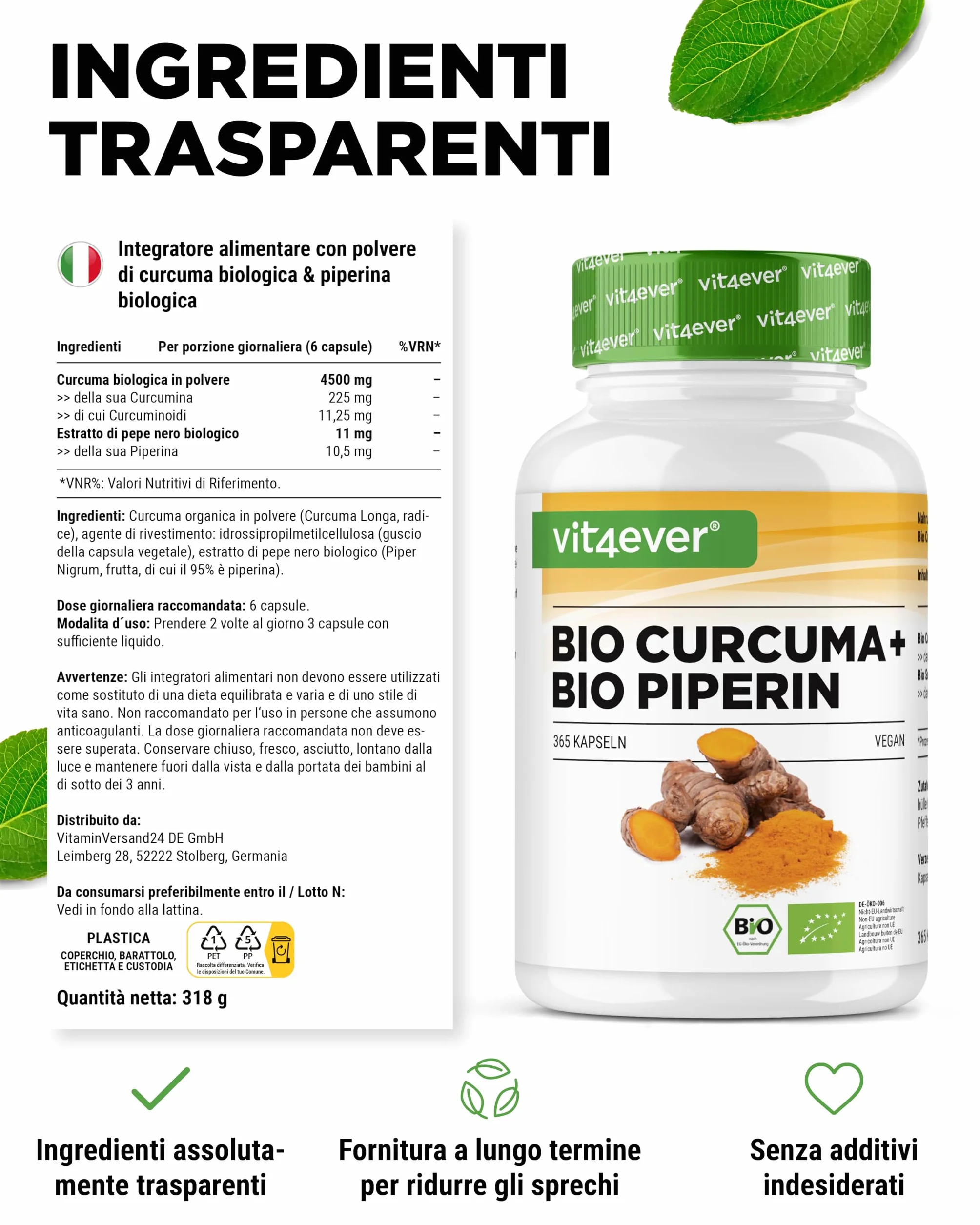 Curcuma organica con pepe nero 365 capsule 4511 mg curcumina piperina alto dosaggio vegano