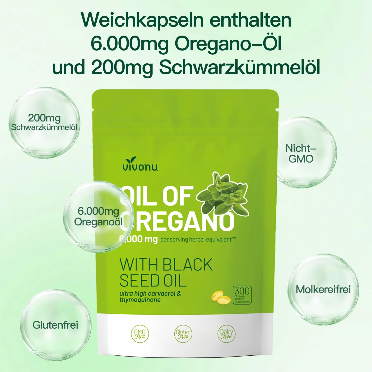 VivoNu Olio di Oregano Biologico con Olio di Semi Nero, 300 unità