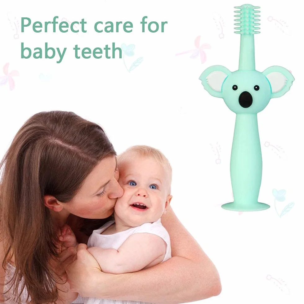 Vicloon Spazzolini da Denti per Bambini, Baby Spazzolino Massaggiagengive da Denti, 360° Silicone Morbido con Design Carino Koala, Dentizione Cure Orali per Bambini da 0 a 3 Anni (3 Pezzi), Verde