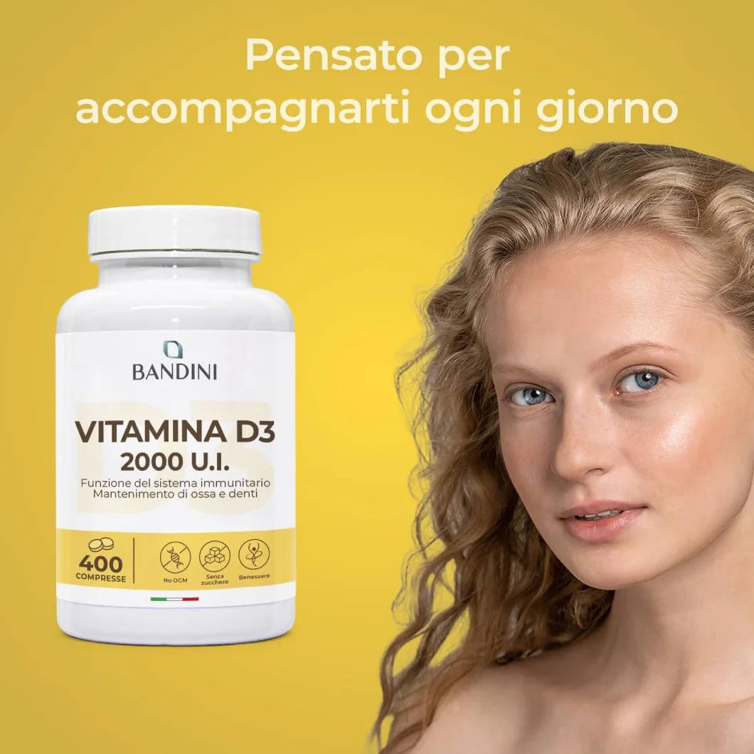 Bandini® Vitamina D 60.000 UI/mese 400 Compresse (+1 Anno), Difese Immunitarie, Salute di Ossa, Denti e Muscoli, Metabolismo del Calcio, 50 mcg di Colecalciferolo, Vitamin D3 Pura ad Alto Dosaggio
