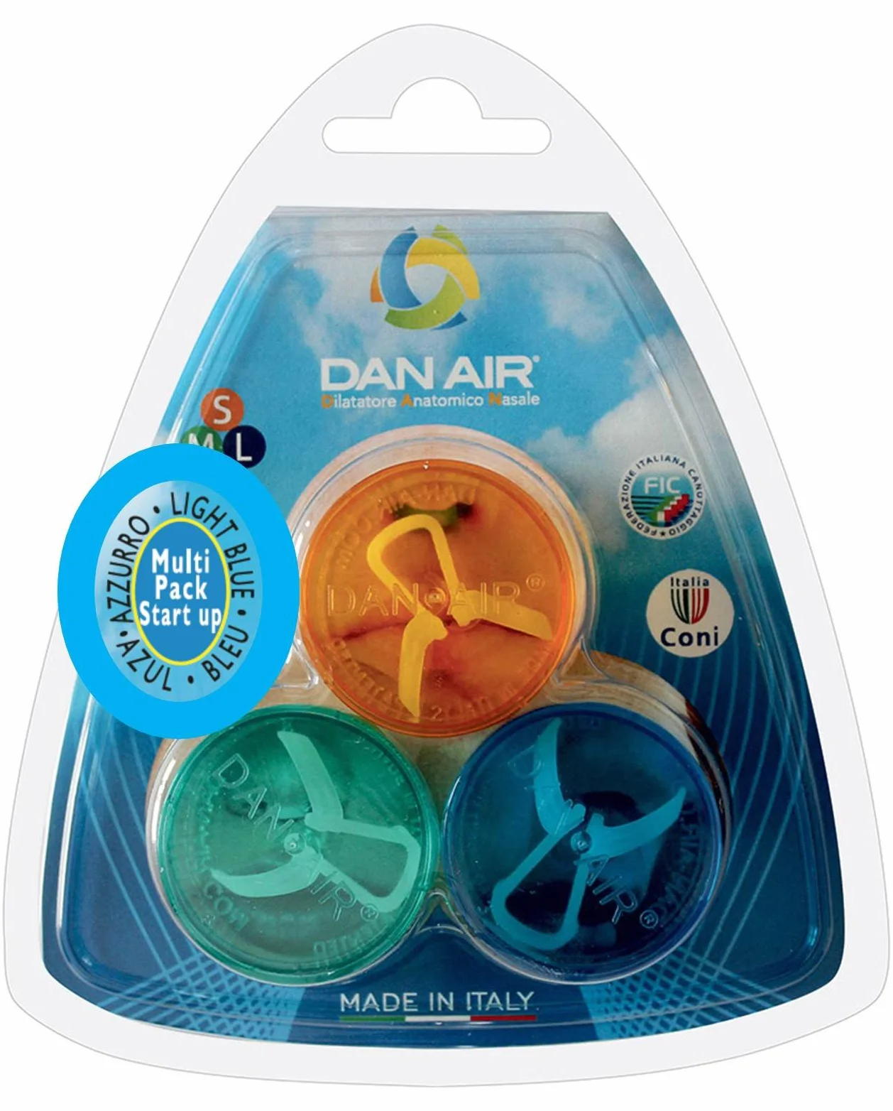 DanAir 3 Dilatatore Nasale Antirussamento Made in Italy Divaricatore Naso Sportivo Dispositivo Anti Russamento Uomo Donna Azzurro S M L