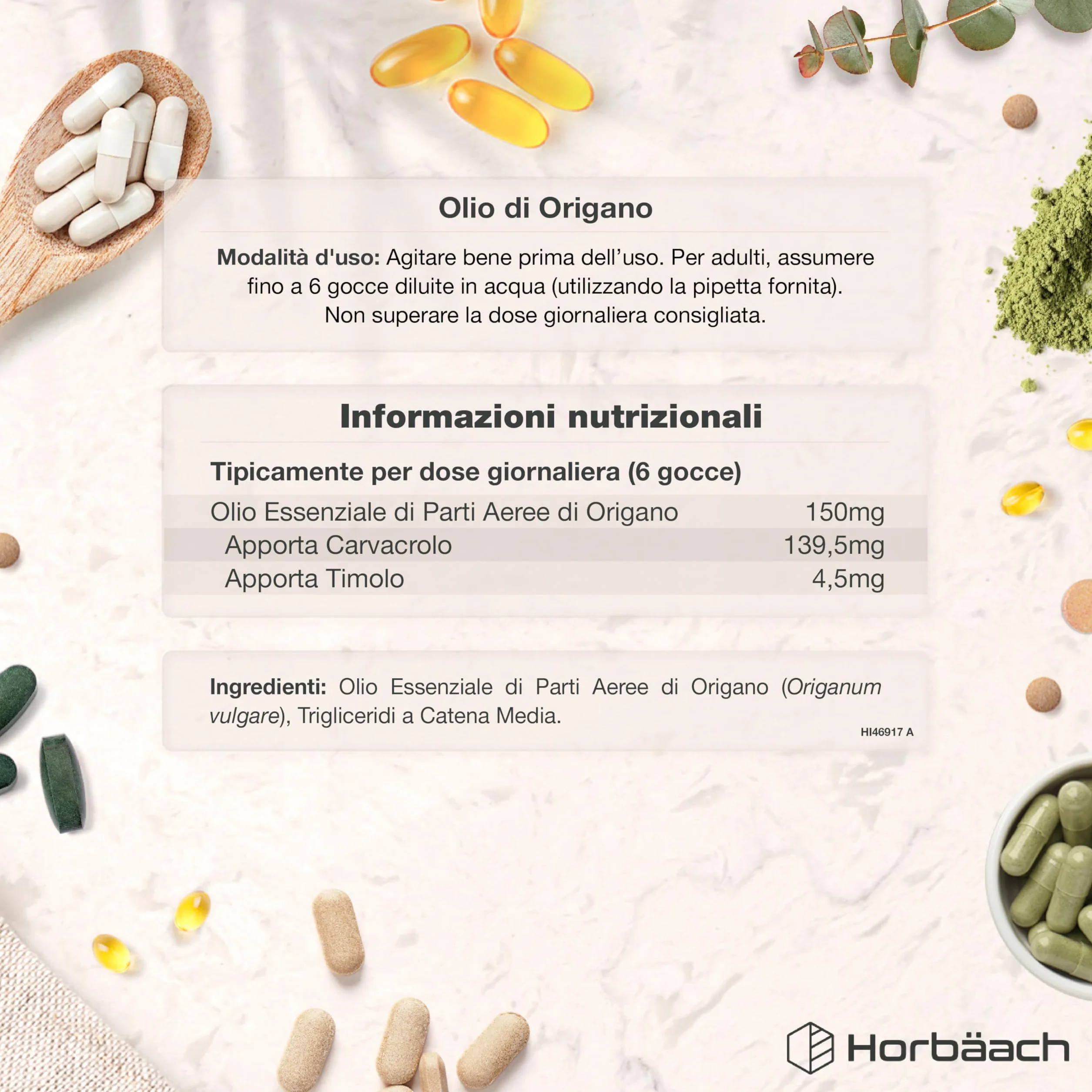 Olio di Origano Gocce 100% Puro Alto dosaggio Carvacrolo 20 ml Vegano Horbaach