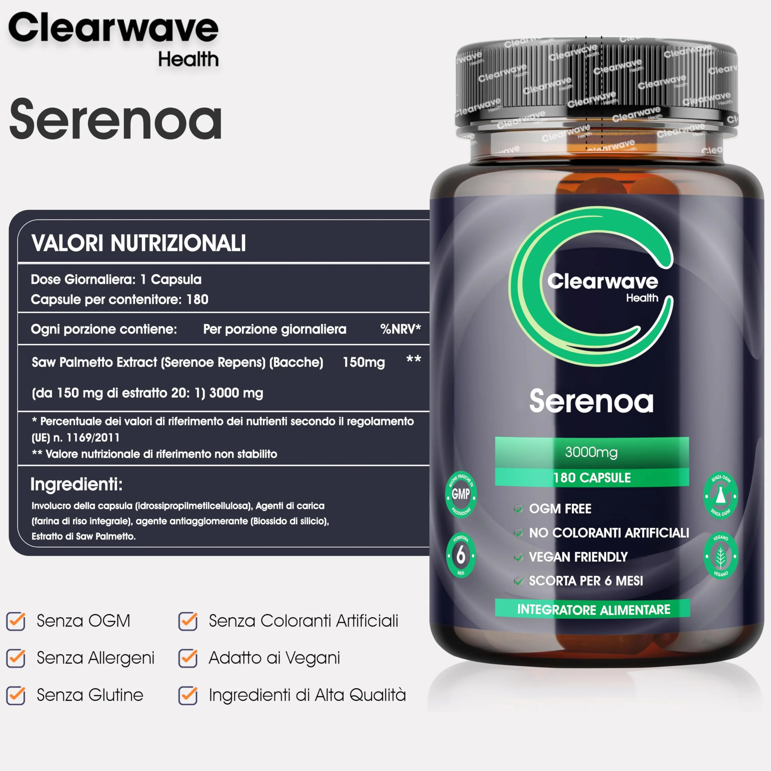 Serenoa Repens 3000 mg Integratore Prostata 180 Capsule 6 Mesi Estratto Vegano Saw Palmetto