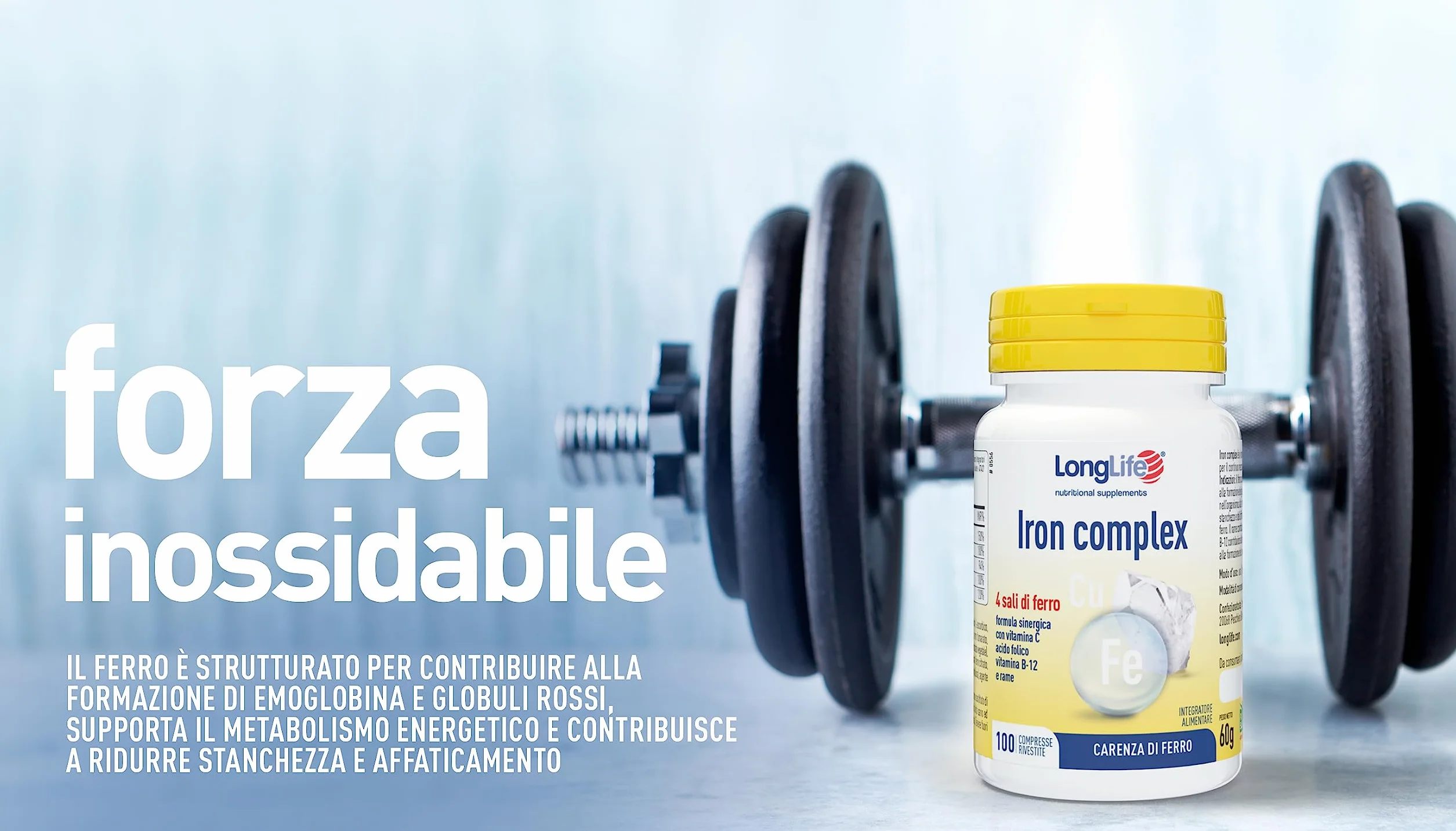 LongLife® Iron complex | 4 sali di ferro ad alta biodisponibilità | Con vitamina C e B12, acido folico e rame | Oltre 3 mesi di trattamento | Ricarica e riduzione stanchezza | Vegano e senza glutine