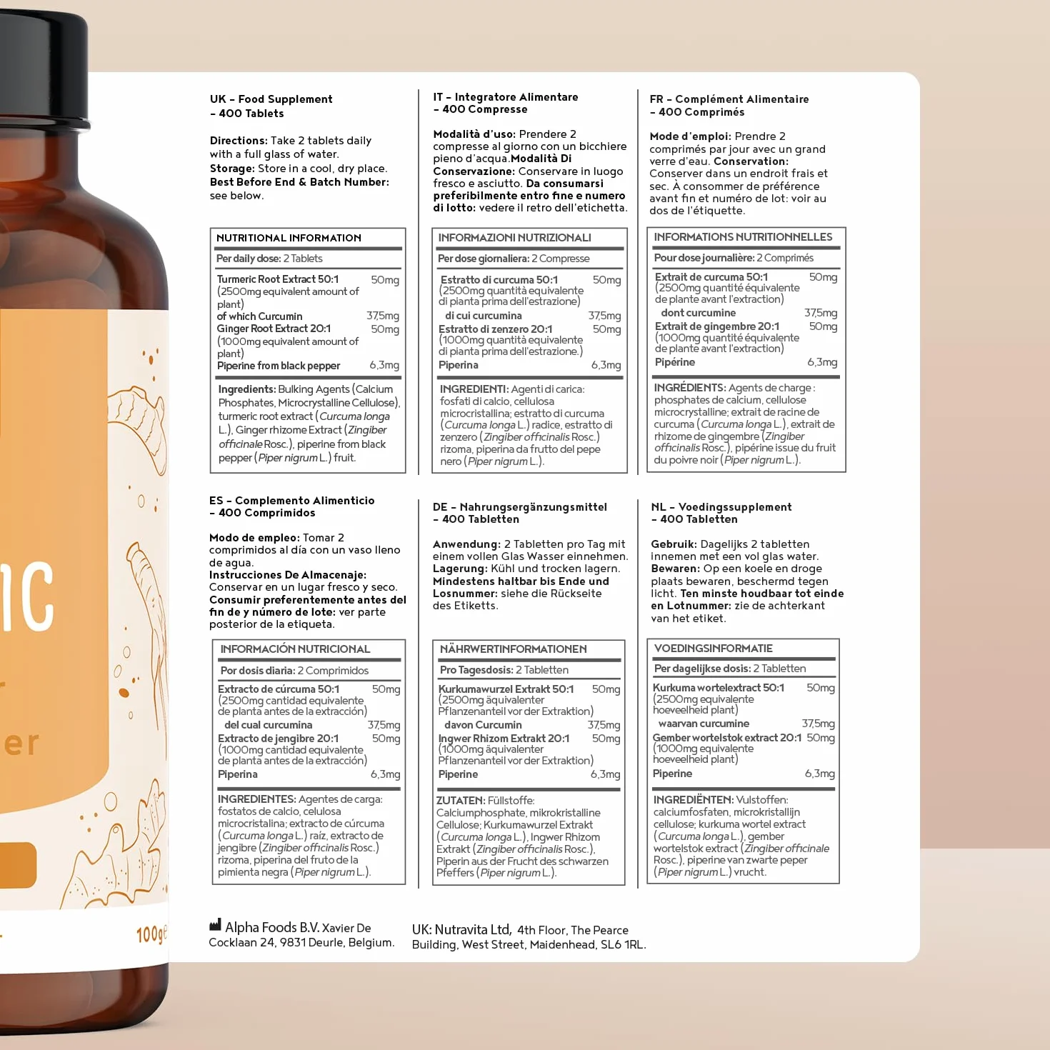 Curcuma ad alto dosaggio 2500mg 400 compresse con curcumina, pepe nero, zenzero Vegan Alpha Foods