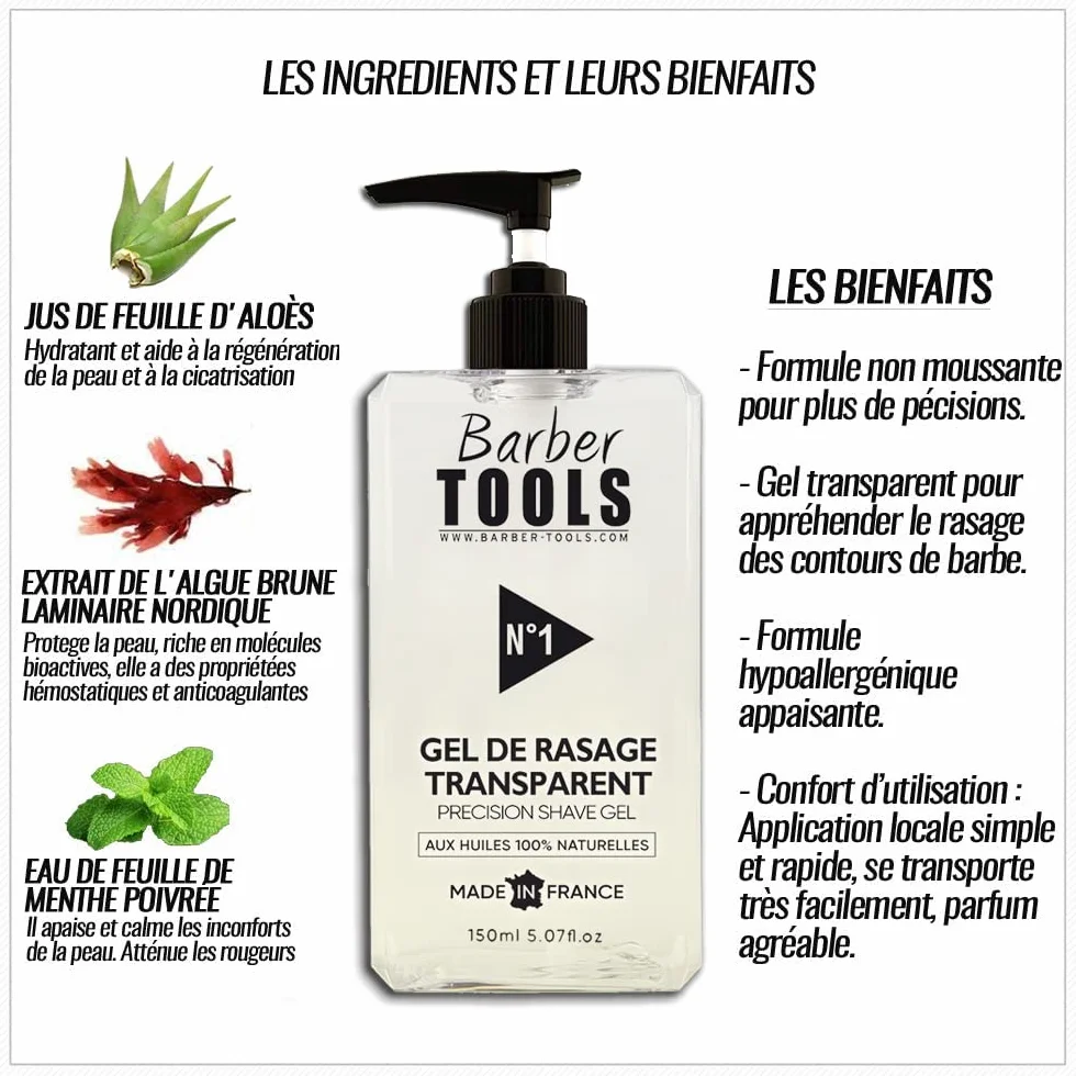 Gel da barba trasparente 150ml per rasatura precisa contorni barba - Prodotto in Francia BARBER TOOLS