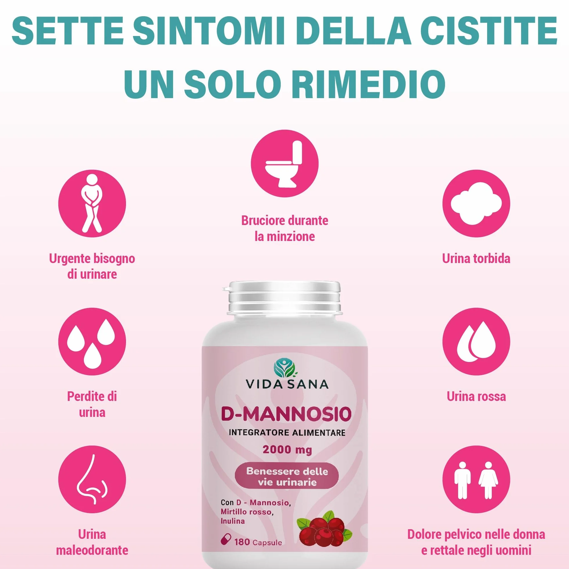D-Mannosio Puro 2200 mg con Mirtillo Rosso 180 Capsule Integratore per Vie Urinarie e Cistite