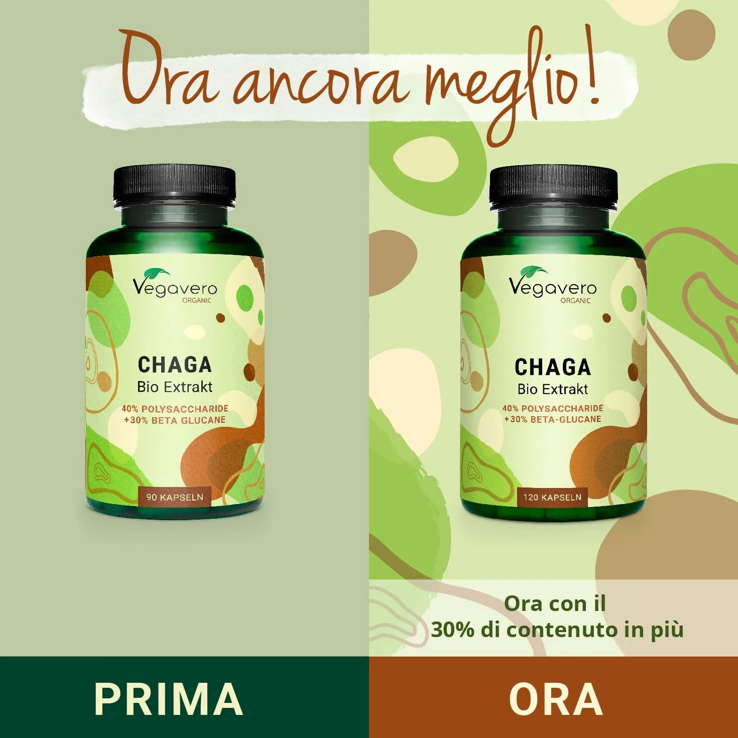 CHAGA BIO Vegavero® | 6000 mg (10:1) | Fungo Inonotus Obliquus | con 40% di Polisaccaridi e 30% di Beta Glucani | 120 capsule | Vegan