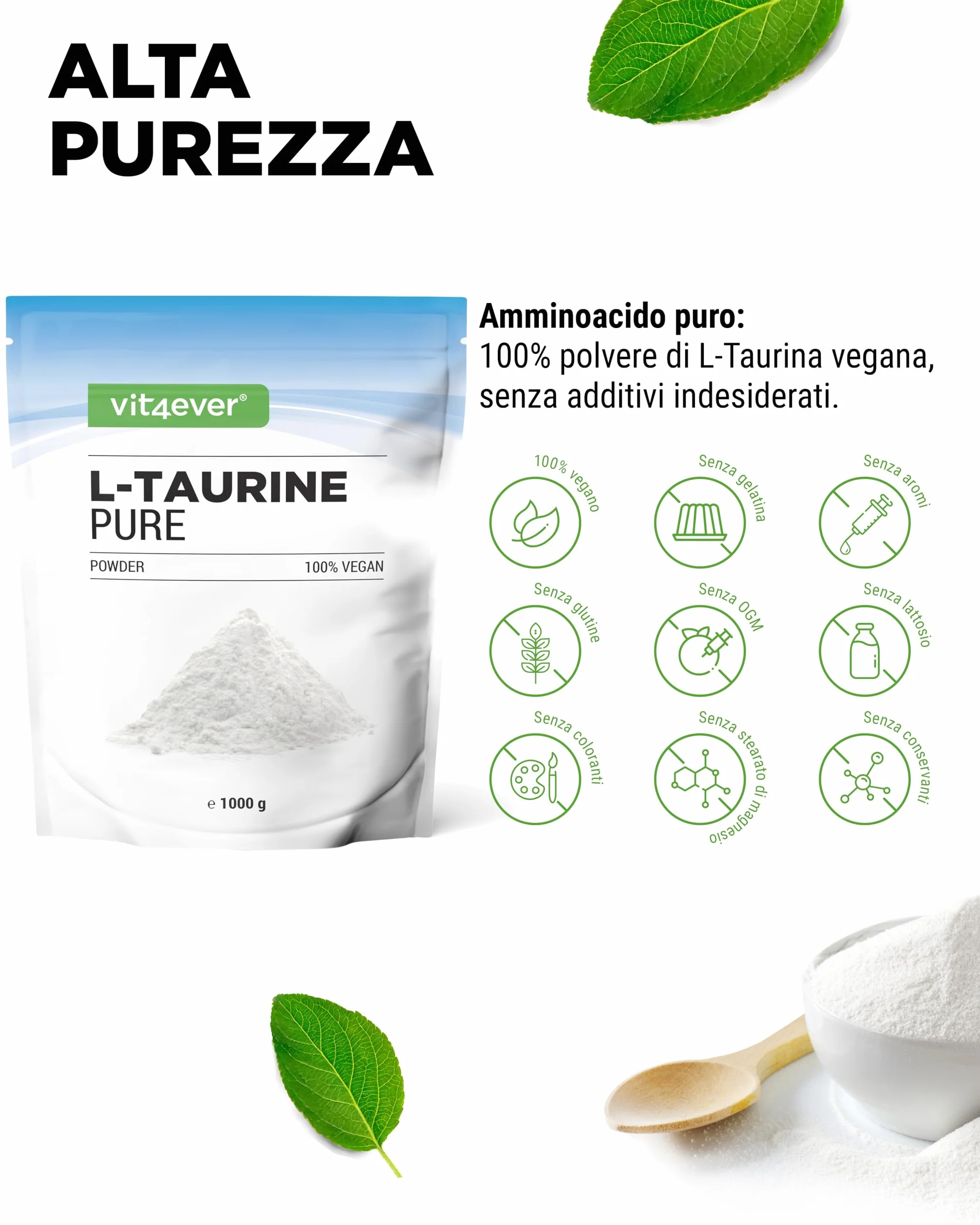 Polvere di L-Taurina 1000 g (1 kg) Vegano Purezza 99%