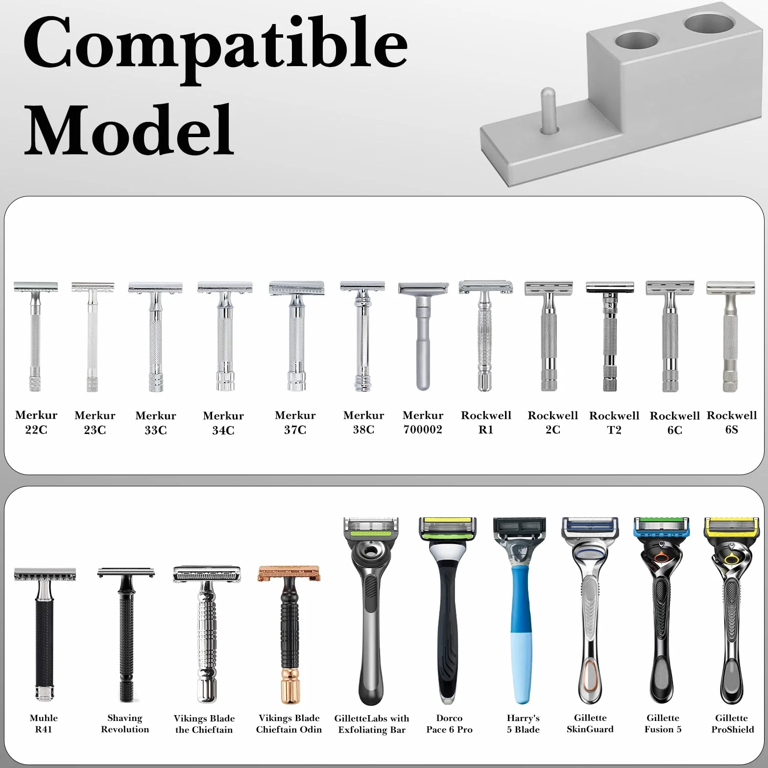 Linkidea Supporto per rasoio lega di alluminio con base di drenaggio,compatibile con lame Vikings e rasoi di sicurezza Merkur,espositore da collezione e organizer da bagno,regalo per uomo(argento)