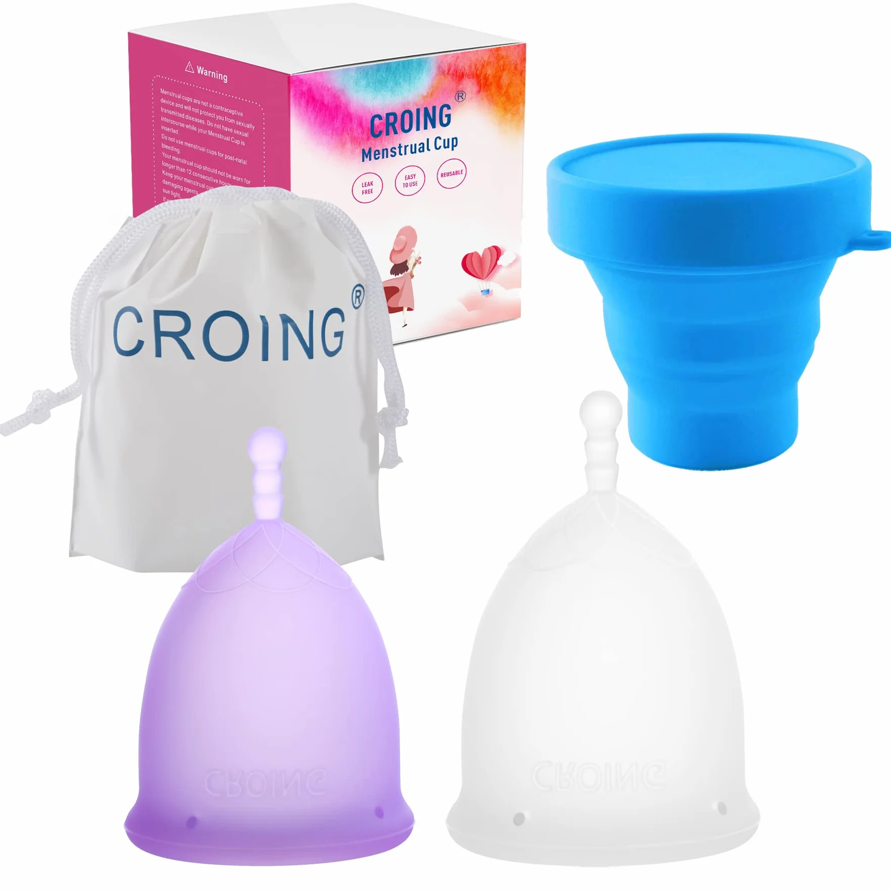 CROING 𝗖𝗼𝗽𝗽𝗲𝘁𝘁𝗮 𝗠𝗲𝘀𝘁𝗿𝘂𝗮𝗹𝗲 Coppetta Mestruale 2 Pezzi (Viola S e Bianca L)