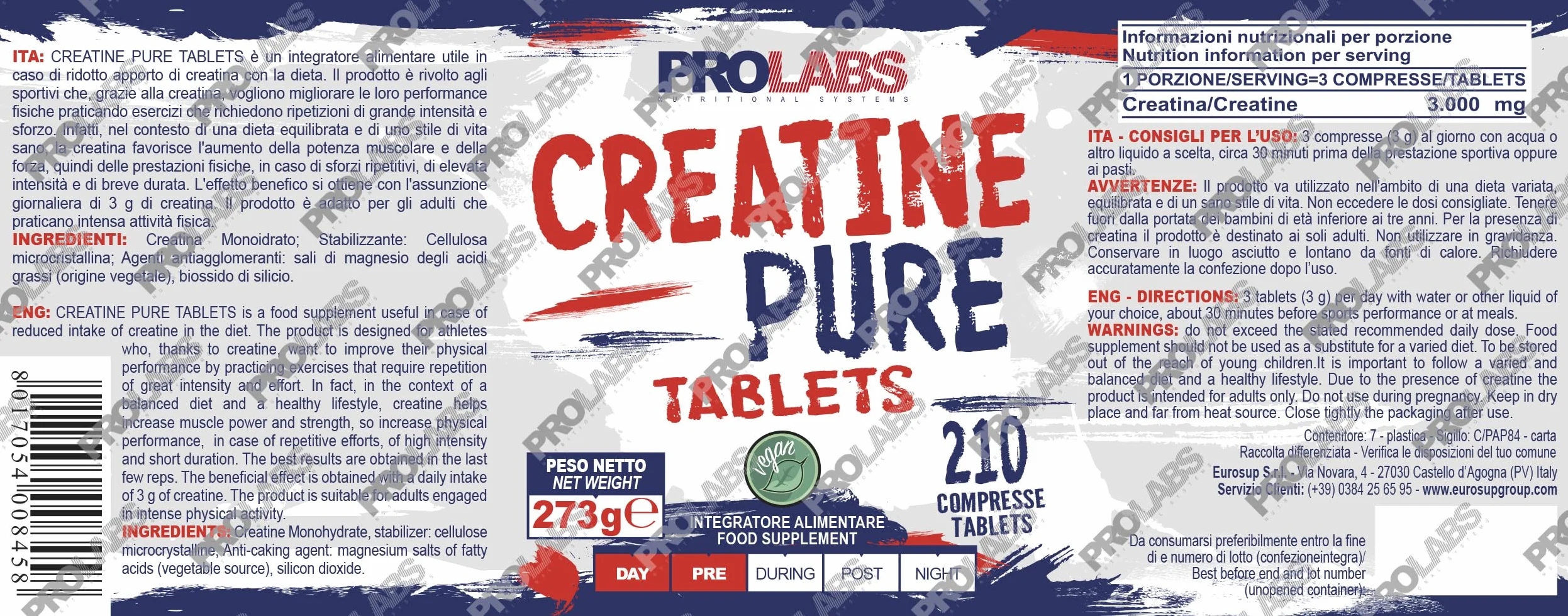 PROLABS– Creatina Monoidrata Creatine PURE, 210 Compresse x 1000mg 100% Purissima, Creatina Monoidrato Supporta Forza e Performance Sport Alta Intensità, Integratore Alimentare Vegan anche Pre Workout