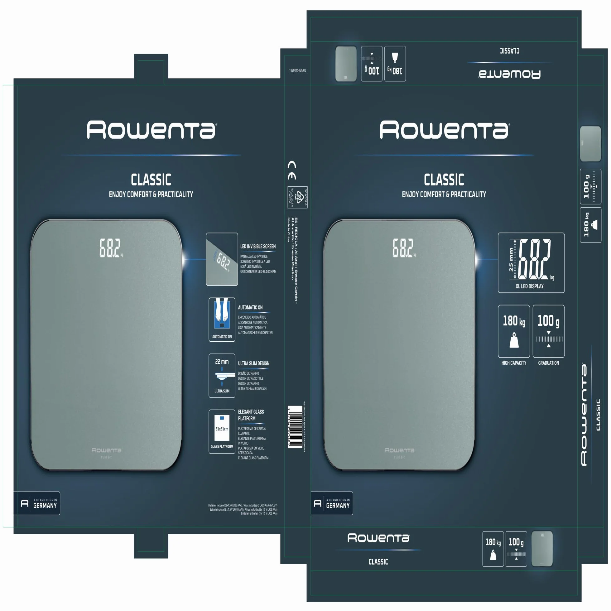 Rowenta Classic 2.0 Bilancia LED Schermo Invisibile 180kg AutoAccensione Spegnimento Automatico Eucalipto BS1903V0