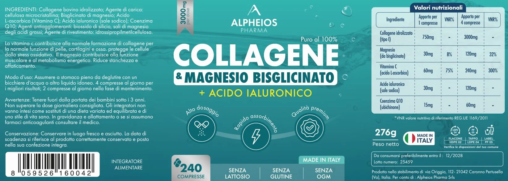 Collagene e Acido Ialuronico + Magnesio Bisglicinato 240 Compresse 3000 mg Integratore Articolazioni Ossa Pelle