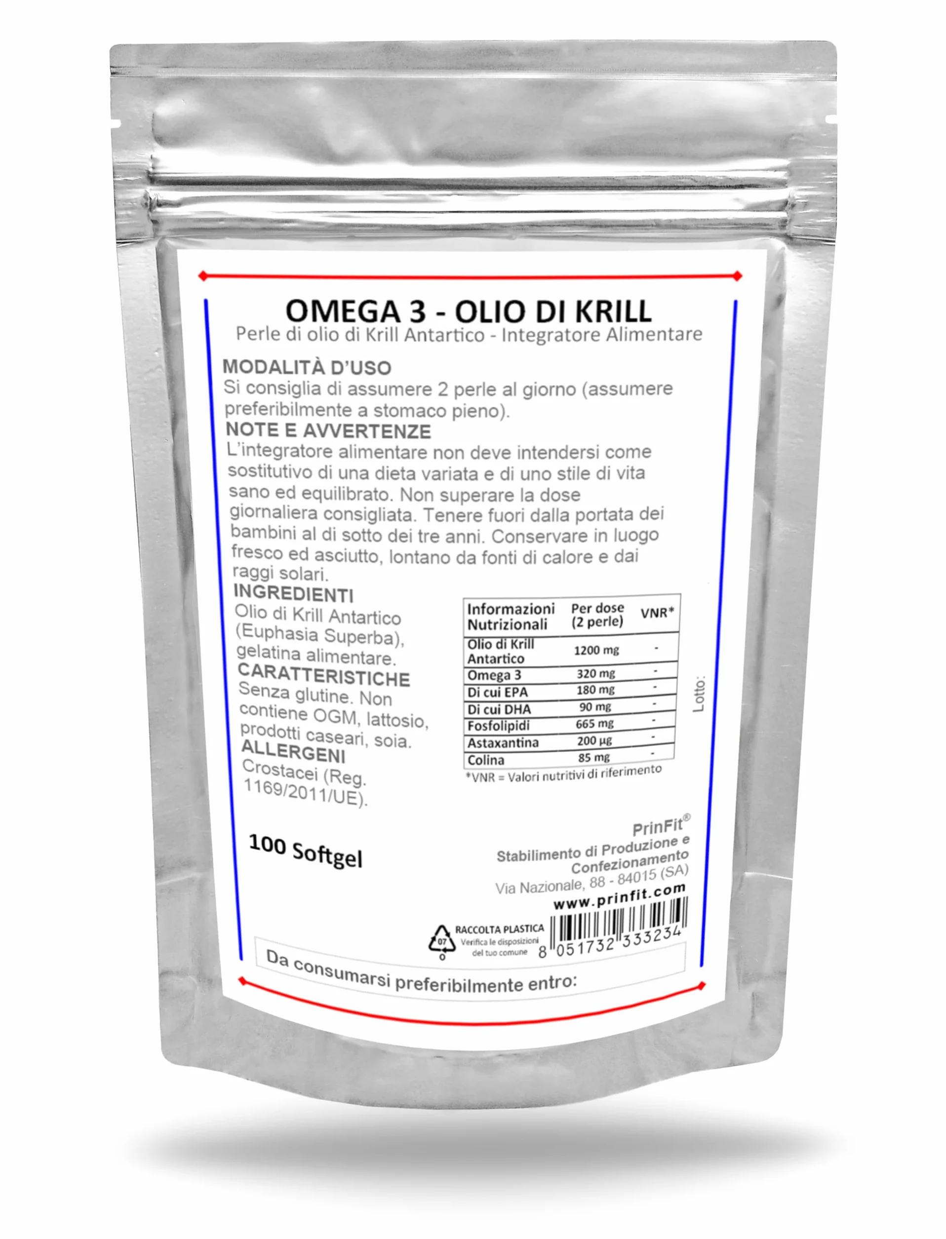 Olio di Krill Omega 3 Puro PrinFit - Ricco di EPA e DHA, Fosfolipidi Marini, Astaxantina - 100 Capsule molli
