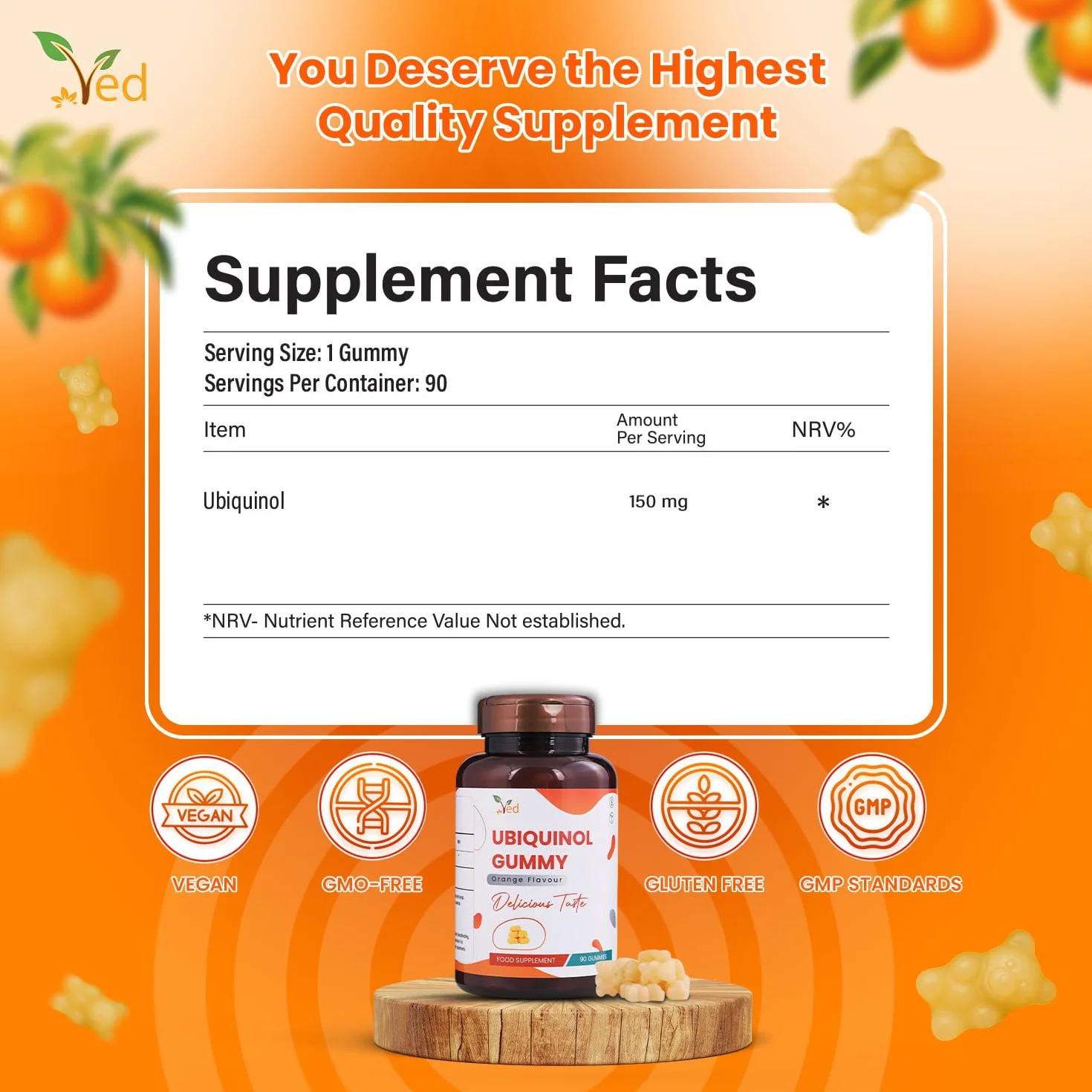 Ved Gommoso all'ubichinolo | Forma attiva coq10 | Elevato assorbimento/bioattività potenziata | 150 mg, 90 gommosi