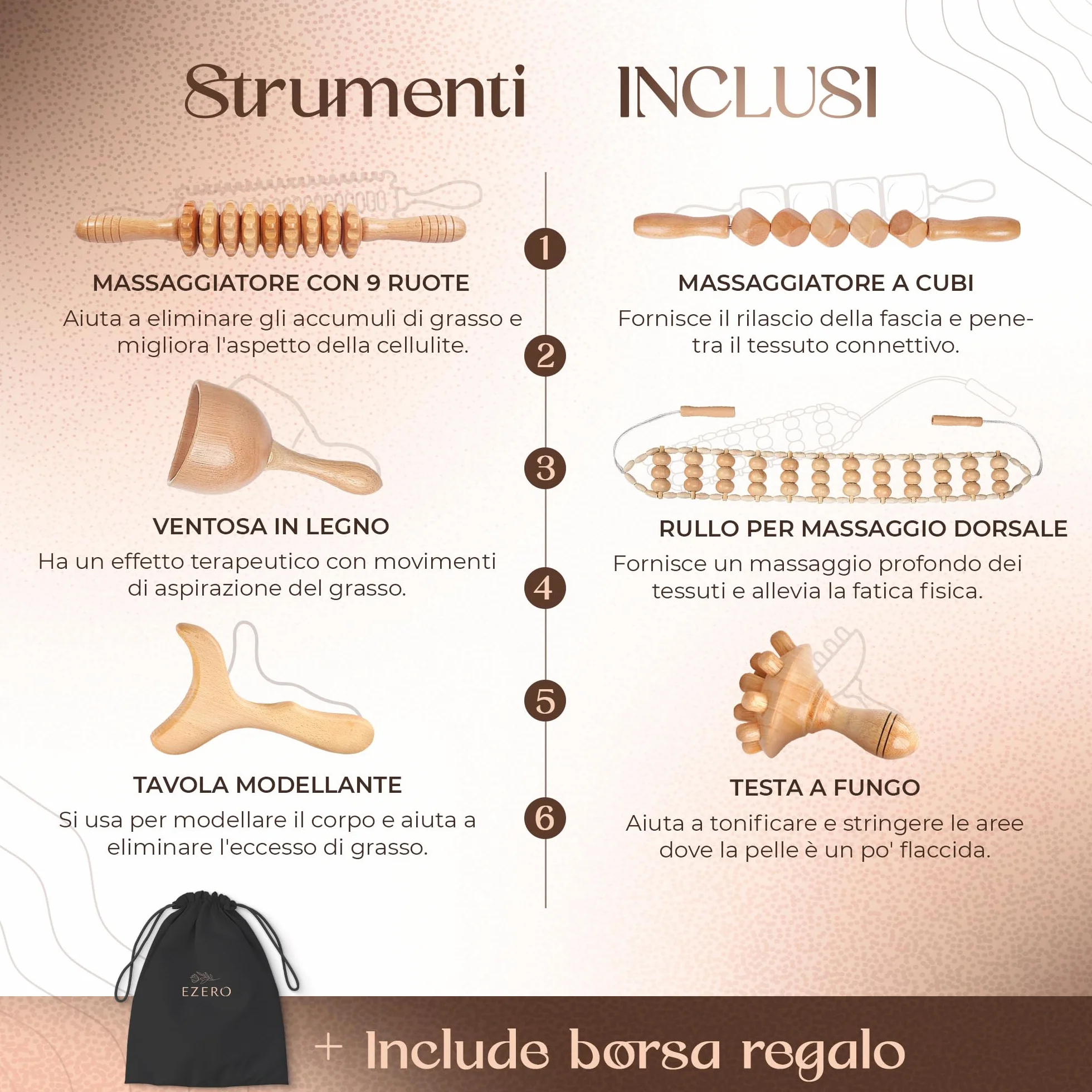 Ezero Maderoterapia Kit Legno 6 pezzi con Borsa e Manuale - Maderoterapia Rullo con Guasha Massaggio Corpo e Rullo Massaggio Cellulite con Accessori - Massaggiatore Anticellulite