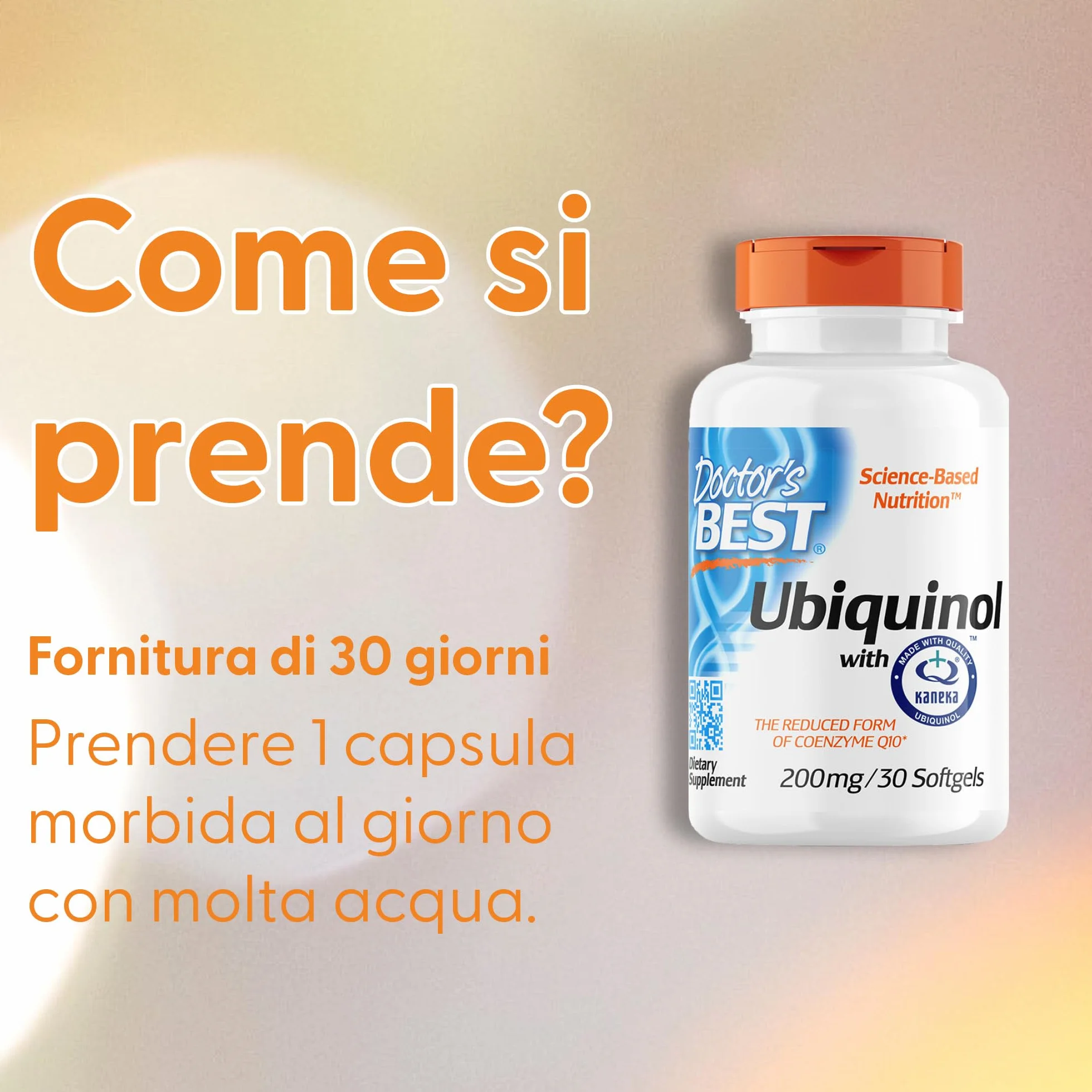 Doctor's Best, Ubiquinol, con Kaneka QH Ubiquinol, 200mg, 30 Capsule morbide, Coenzima Q10, Altamente Dosato, Testato in Laboratorio, Senza Soia, Senza Glutine, non OGM