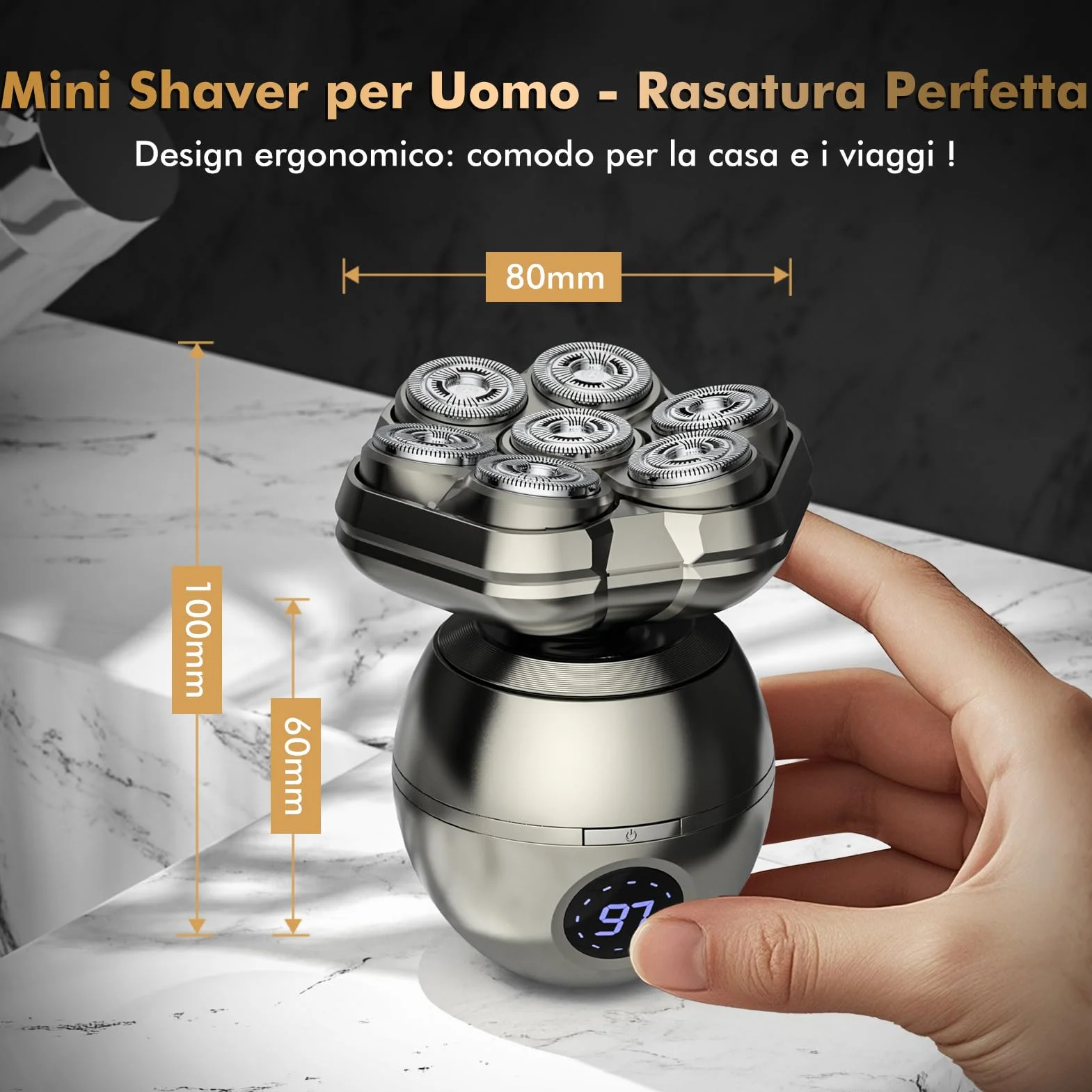 Rasoio Testa Calva Zero Assoluto 7D Magnetici Rimovibile 6 in 1 Impermeabile IP67 Display LED