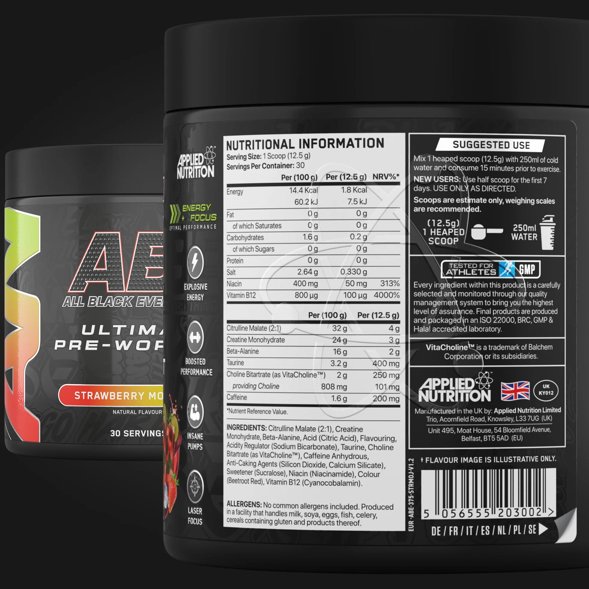 Applied Nutrition ABE All Black Everything Pre Workout Powder Energy, Performance fisica con citrullina, creatina, beta alanina, caffeina, Vitamina B complex, 315 gr, 30 porzioni (Strawberry Mojito)