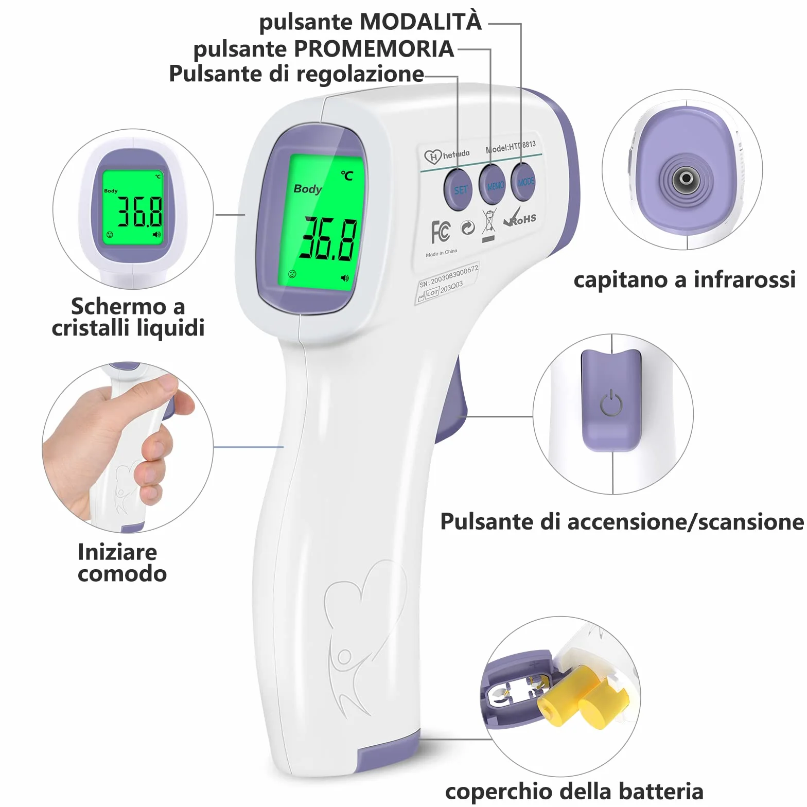 Termometro Infrarossi senza Contatto Digitale con Allarme Febbre e Memorizzazione per Adulti Bambini Neonato Porpora