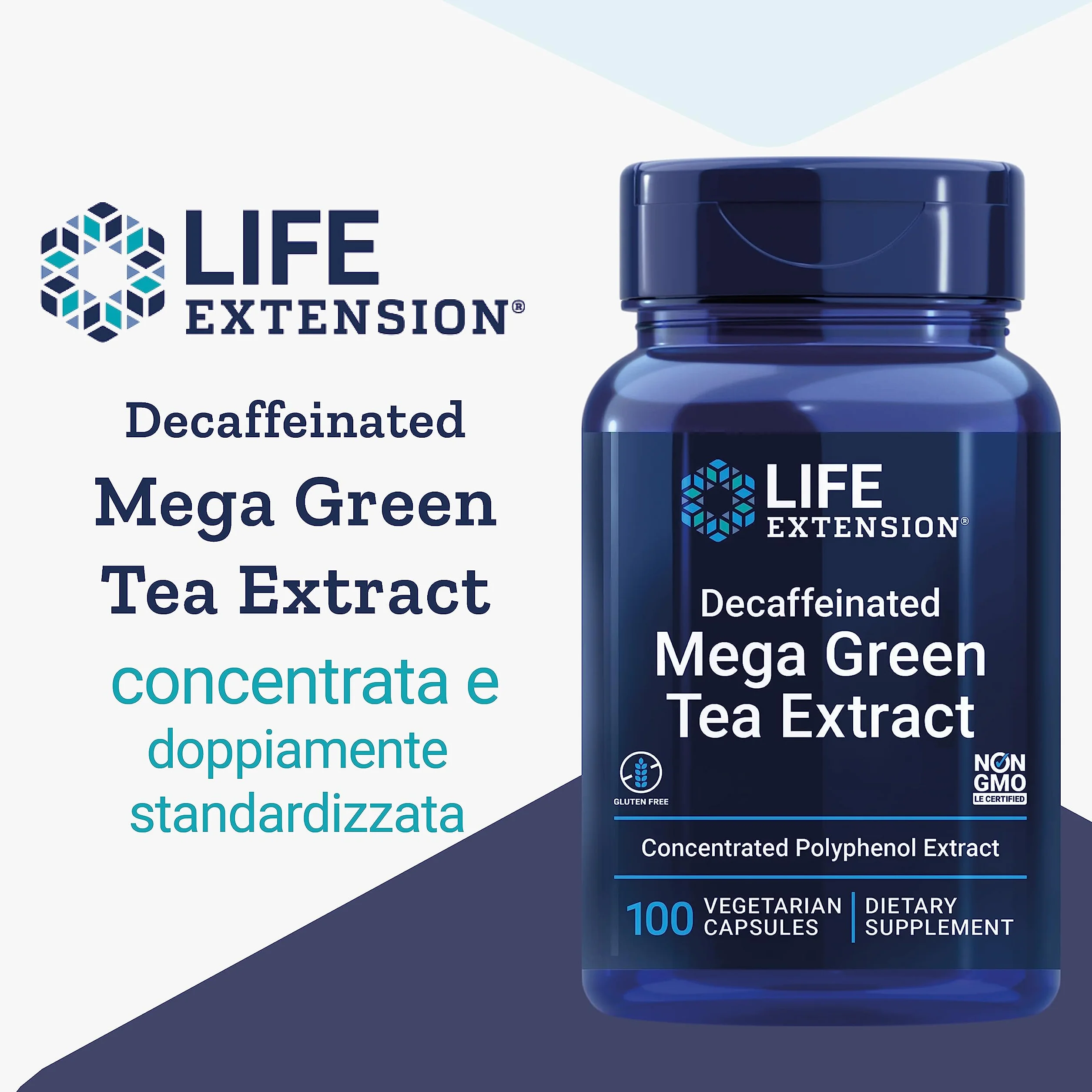 Life Extension, Mega Estratto di Tè Verde, 725mg, Decaffeinato, 100 Capsule Vegane, Testato in Laboratorio, Vegetariano, Senza Glutine, Senza Soia, Non OGM