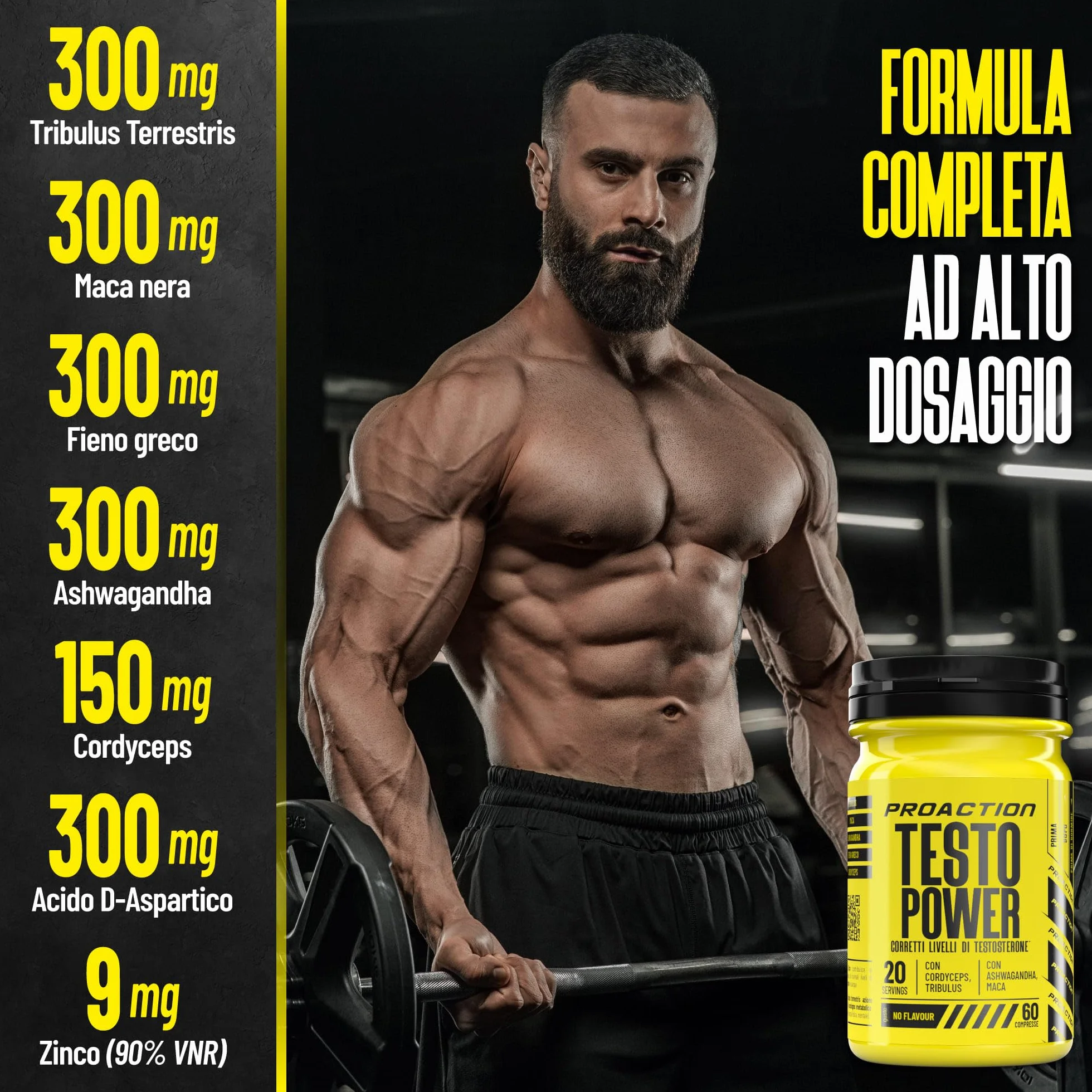 ProAction TESTO POWER | Testosterone Booster con Alto Dosaggio di Tribulus Terrestris, Maca Nera, Fieno Greco, Ashwagandha e Zinco | Integratore Testosterone Uomo per Aumento Massa Muscolare | 60 cpr