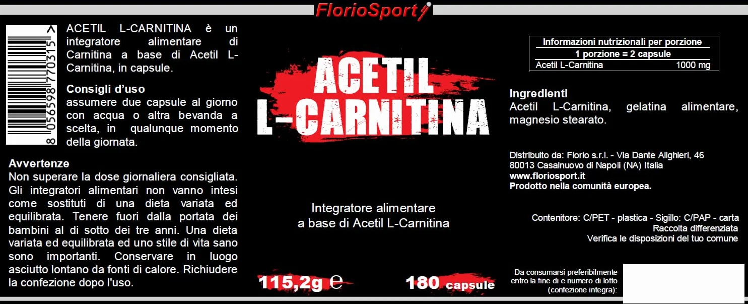 Acetil L-Carnitina FlorioSport 180 capsule 500 mg Integratore Acetyl Carnitina