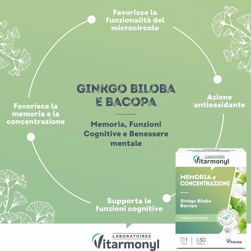 Integratore Alimentare Memoria e Concentrazione Ginkgo Biloba Bacopa 30 capsule Vitarmonyl