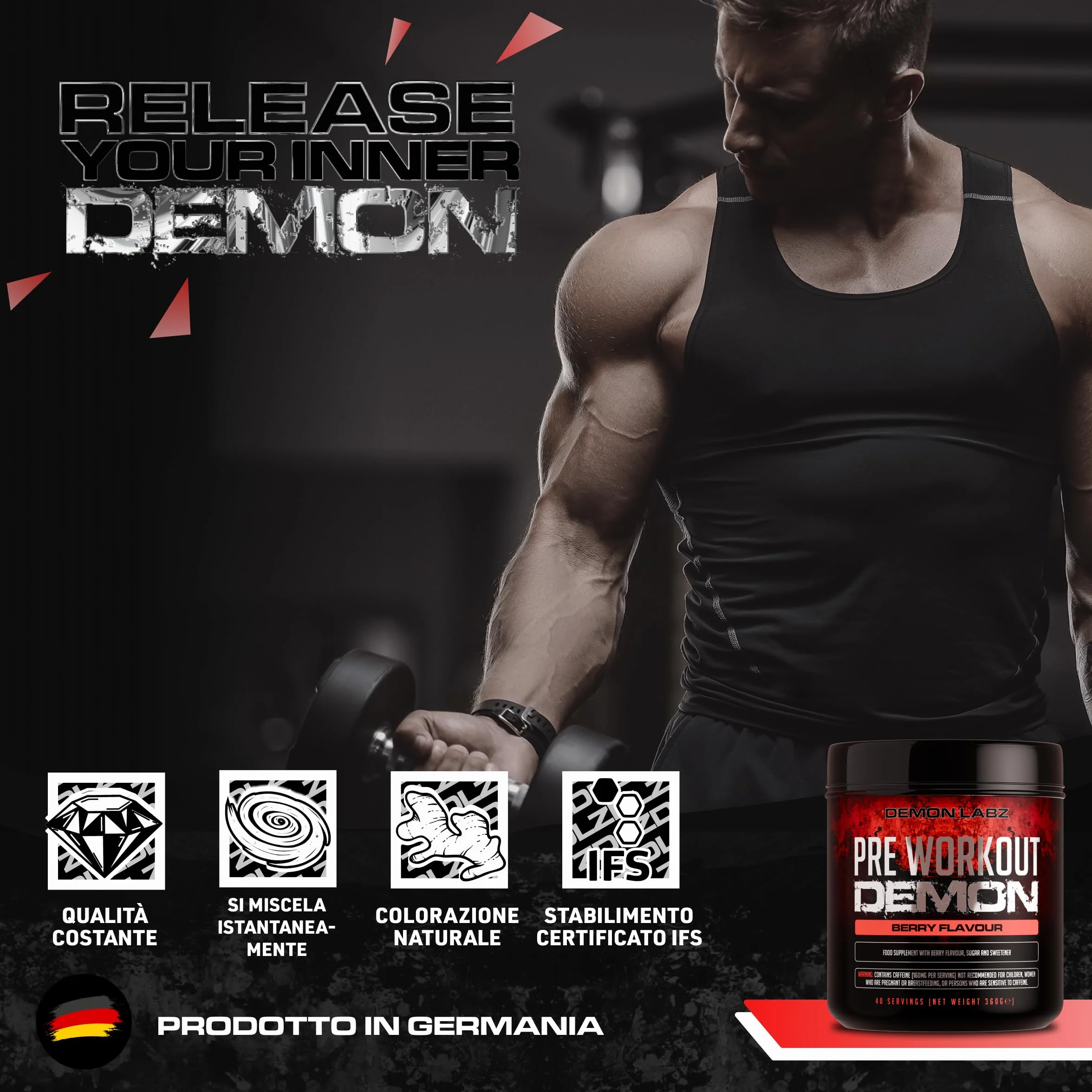 Pre Workout Demon Frutti di Bosco - Potente con Creatina, Caffeina e Beta Alanina - Preworkout per Bodybuilding con Pump ed Energia - Integratore Pre Workout in Polvere - 40 Porzioni